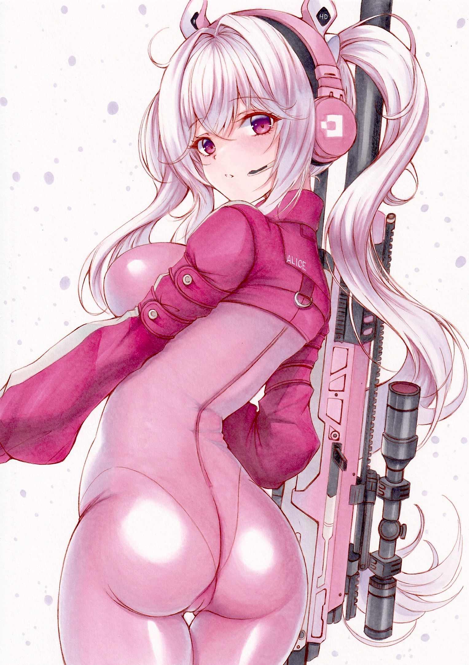 Anime 1527x2165 Nikke: The Goddess of Victory portrait display long hair looking back headphones pink bodysuit bodysuit simple background ass big boobs sniper rifle looking at viewer gun girls with guns jacket pink jacket rear view twintails parted lips cameltoe pink eyes blushing headsets
