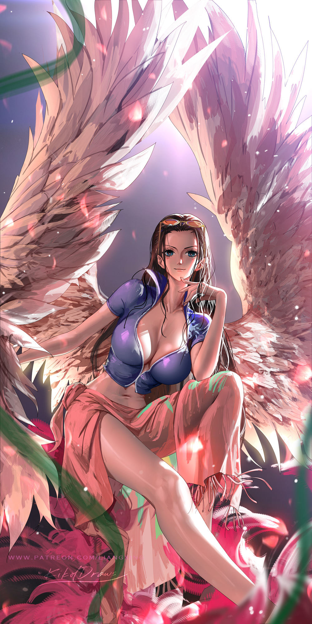Anime 1000x2000 One Piece portrait display anime girls angel wings Nico Robin sunglasses looking at viewer wings Sarong skirt blue jacket big boobs closed mouth straight hair blue eyes smiling watermarked cleavage unzipped thighs bare midriff long hair sarong Jason Liang legs