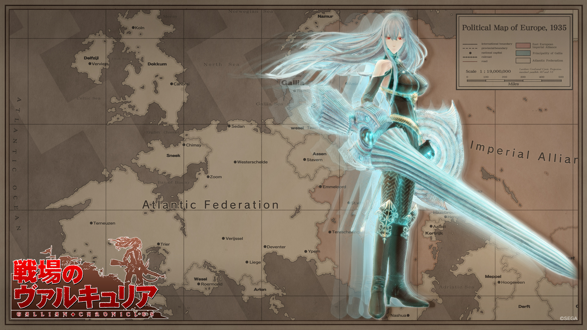 Anime 1920x1080 Valkyria Chronicles Selvaria Bles anime map hair between eyes looking at viewer standing watermarked Sega anime girls long hair weapon Japanese shield closed mouth red eyes bare shoulders big boobs