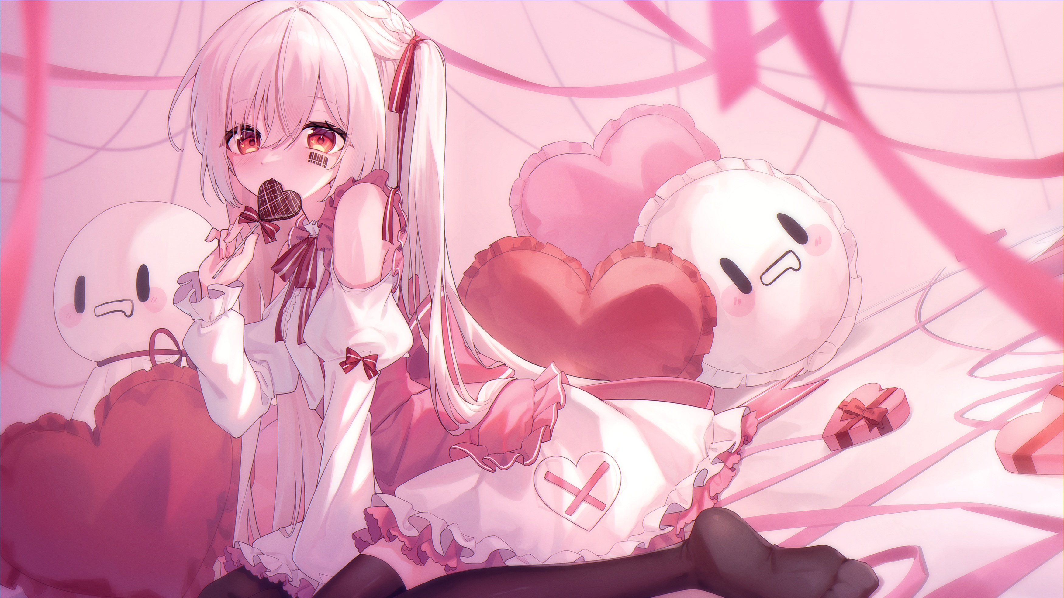 Anime 3500x1969 Pixiv anime anime girls candy heart tattoo bow blushing ponytail white hair chocolate small boobs red eyes hair between eyes long hair bare shoulders ribbon heart (design) thigh-highs black thigh highs frills barcode lollipop Sarin pillow dress