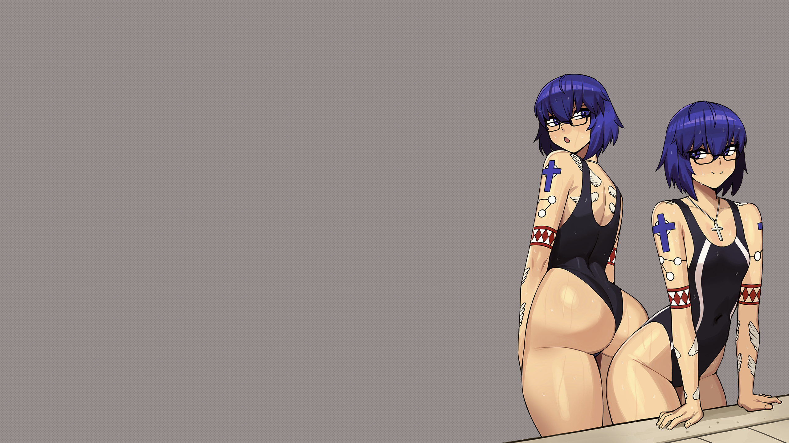Anime 2560x1440 blue hair anime girls women with glasses glasses simple background gray background tattoo bangs looking at viewer looking back ass swimwear one-piece swimsuit black swimsuit wide hips large hips back small boobs necklace butt floss crucifix crucifix necklace blushing embarrassed sidelocks blunt bangs smiling wet wet clothing wet body angel wings blue eyes wet hair