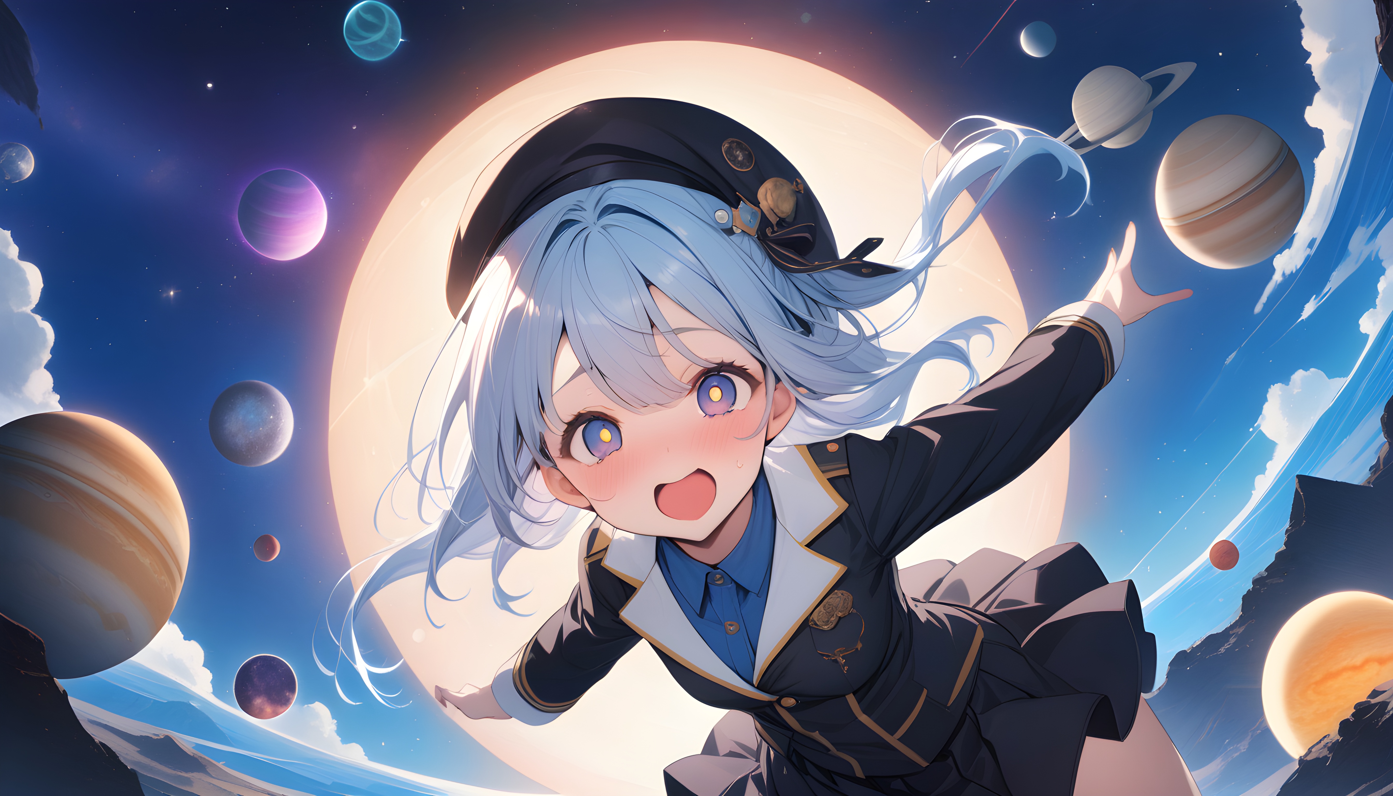 Anime 5376x3072 anime girls AI art planet looking at viewer open mouth long hair blushing clouds sky hat women with hats long sleeves uniform blue eyes light blue hair hair between eyes skirt stars