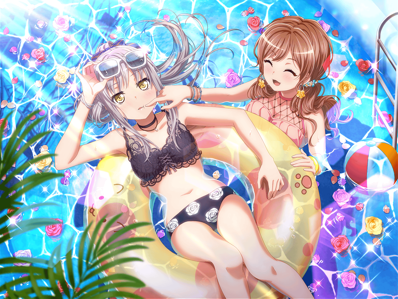 Anime 1334x1002 BanG Dream! minato yukina anime anime girls parted lips open mouth closed eyes swimwear necklace collarbone sparkles leaves water floater beach ball sunglasses women with shades rose sunlight ponytail long hair hair ornament swimming pool in water