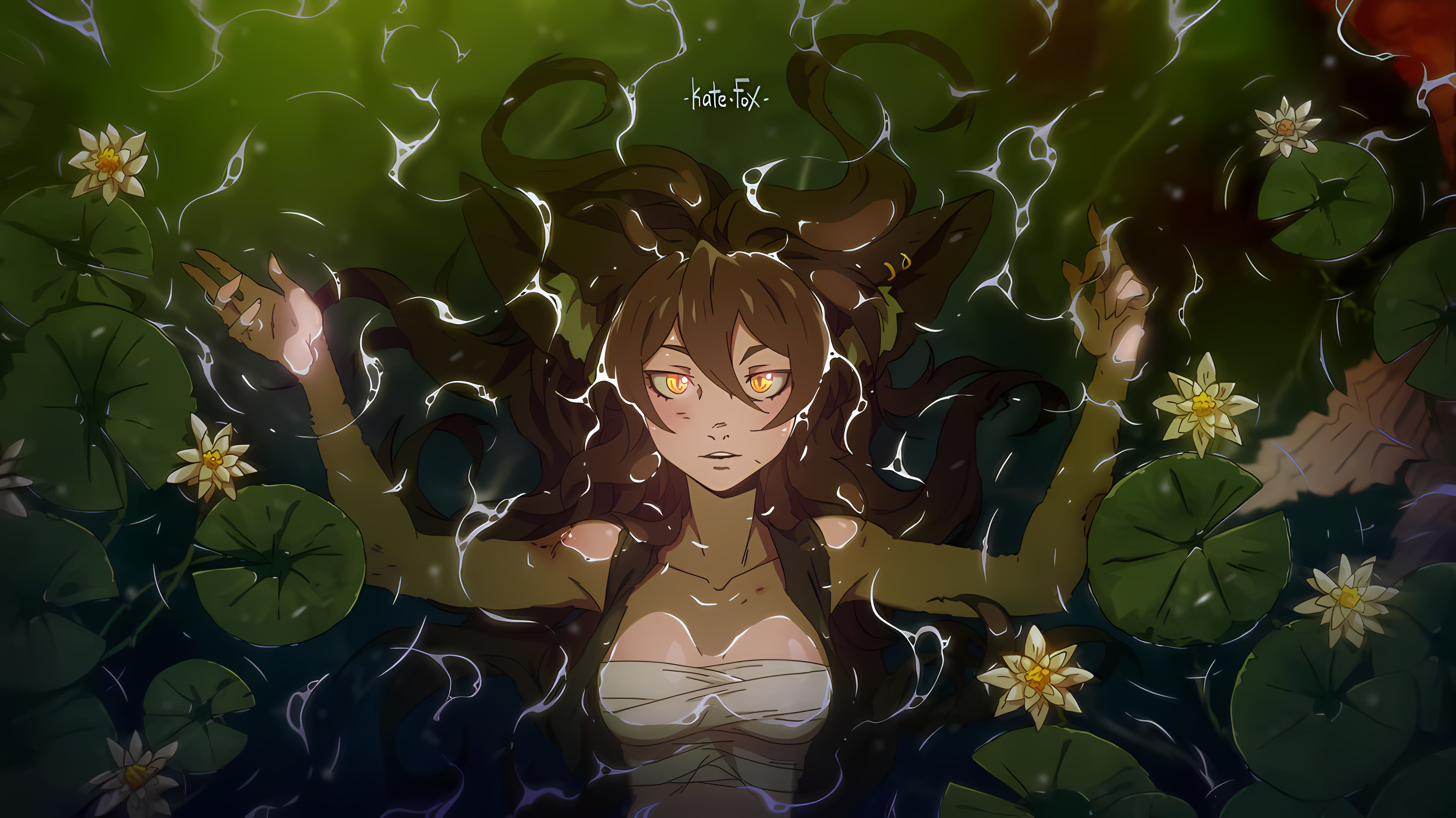 Anime 3072x1728 Kate-FoX fox girl fox ears in water top view sarashi water lilies water nenuphar signature bite marks long hair blood bare shoulders looking at viewer boobs hair between eyes anime anime girls parted lips brunette brown eyes collarbone open arms