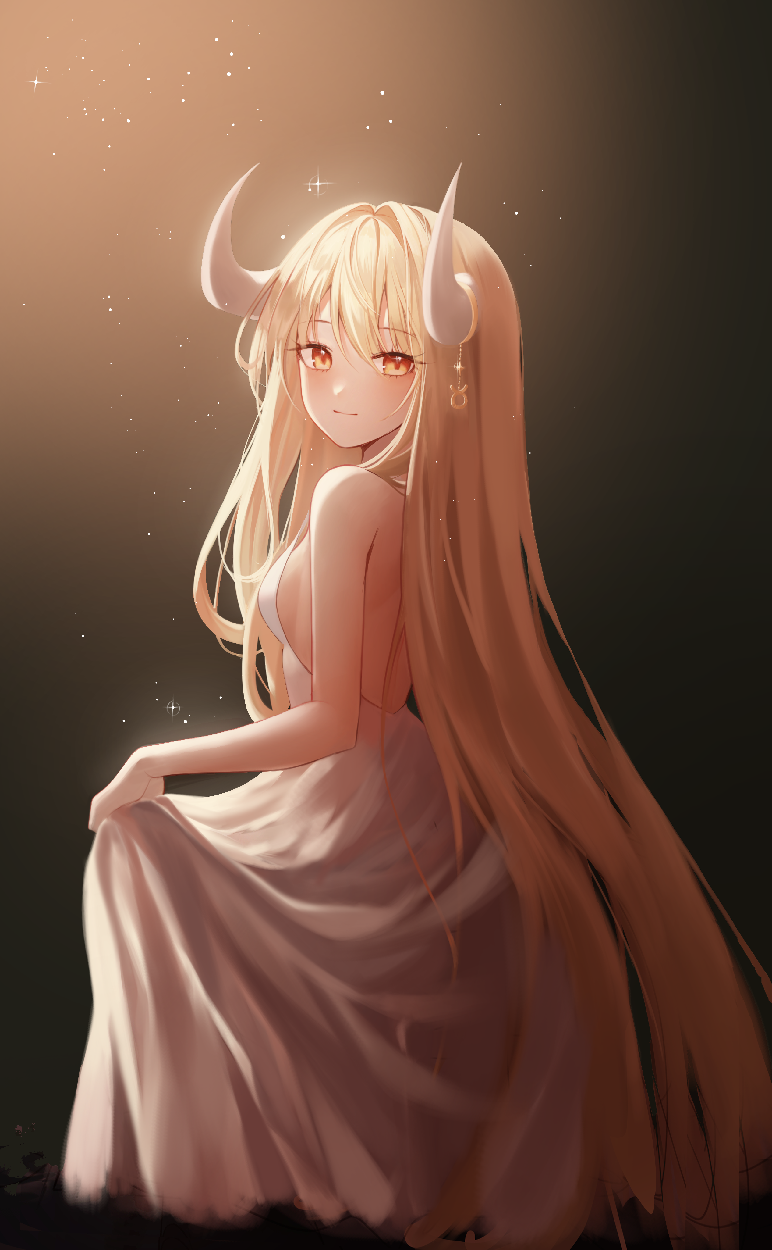 Anime 2534x4100 anime anime girls Raki kr original characters portrait display dress lifting dress long hair looking at viewer standing simple background horns closed mouth yellow eyes hair between eyes blonde backless backless dress sideboob white dress sparkles smiling lights