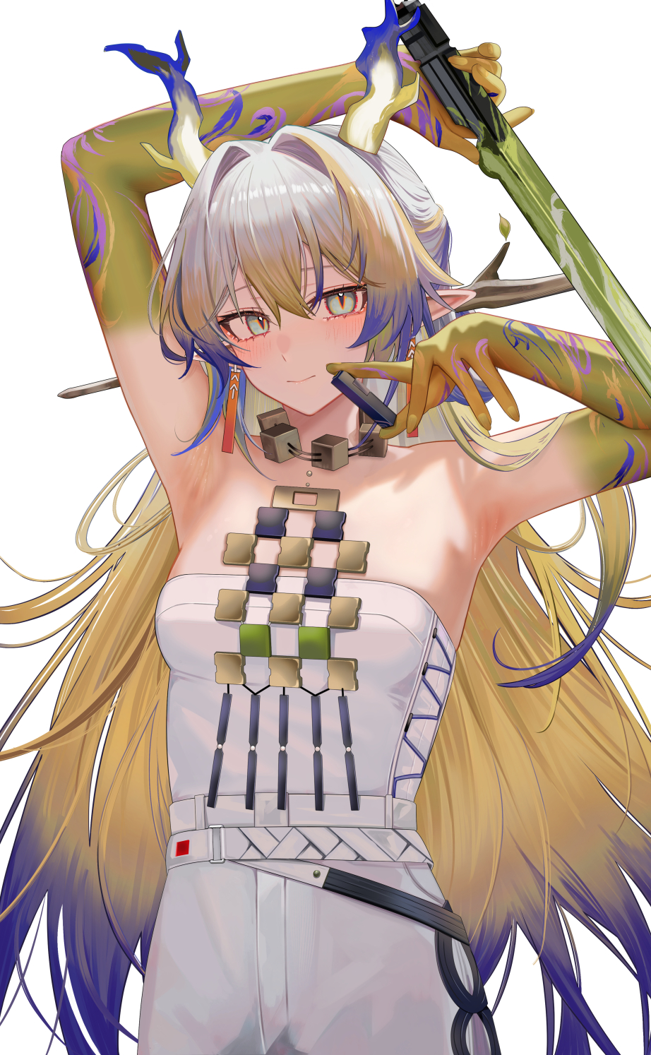 Anime 922x1494 Ru Zhai Arknights anime girls armpits Shu (Arknights) antlers multi-colored hair cube necklace looking at viewer pointy ears arms up portrait display horns simple background skinny white background standing hair between eyes blushing bare shoulders long hair anime closed mouth earring gradient tassel earrings tassels