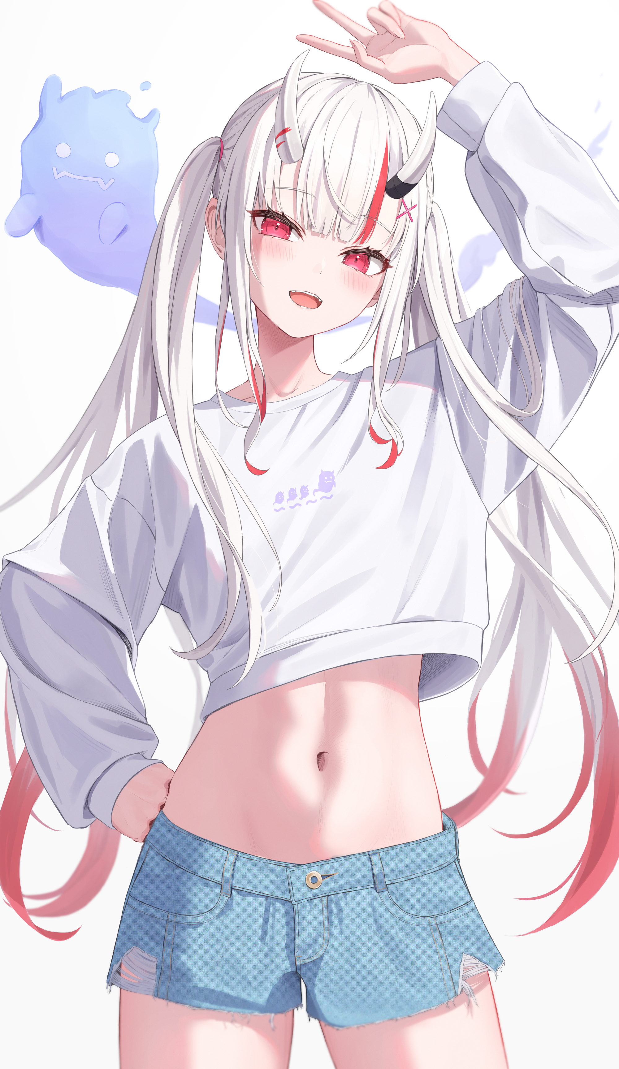Anime 2000x3454 anime anime girls Nakiri Ayame Hololive Virtual Youtuber noRio2 portrait display standing open mouth long hair simple background belly white background shorts long sleeves twintails blushing red eyes horns two tone hair peace sign white shirt denim torn clothes
