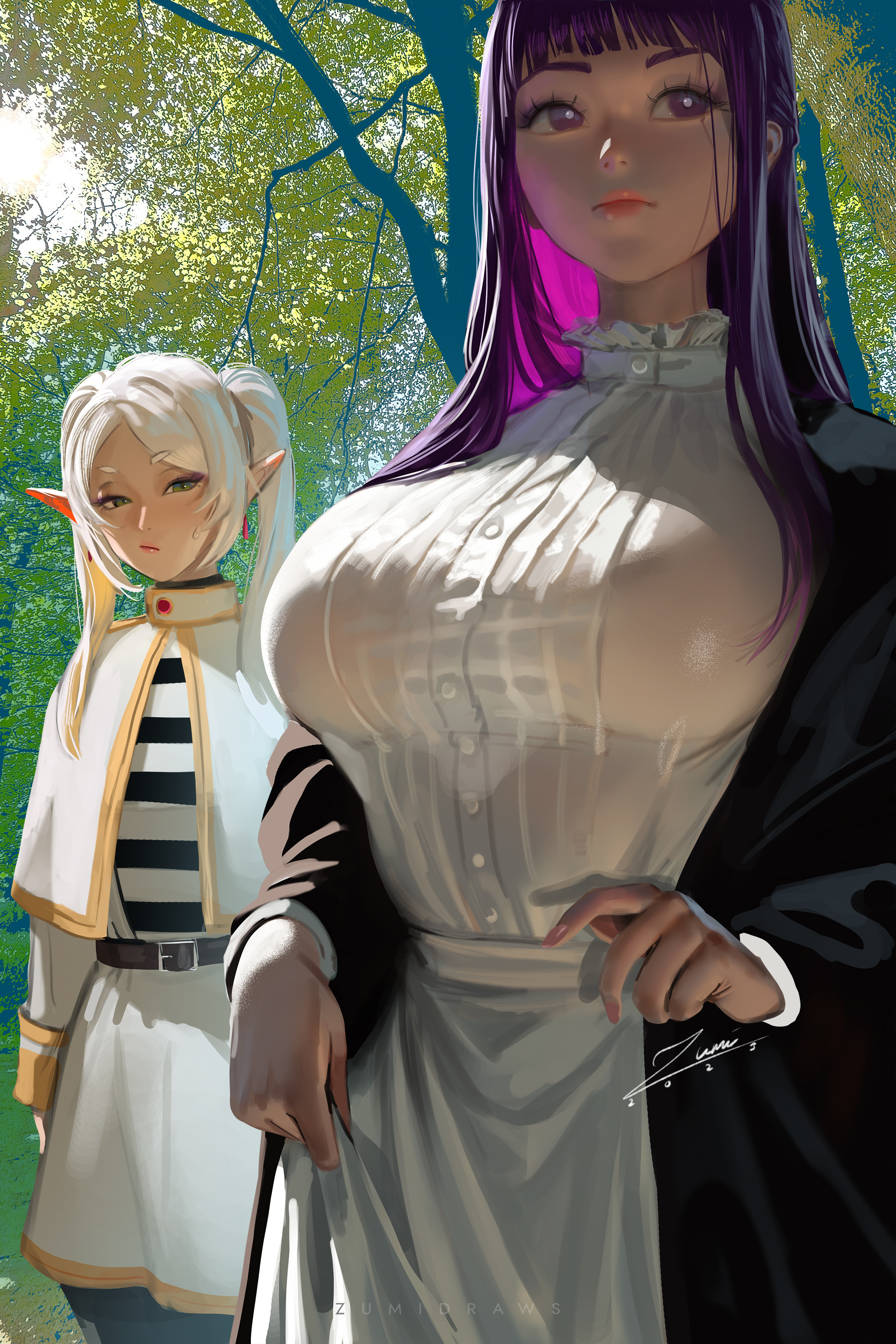 Anime 2339x3508 Fern (Sousou No Frieren) Frieren Sousou No Frieren anime anime girls artwork drawing fan art Zumi white breast envy nature portrait display trees pointy ears standing huge breasts long hair white hair purple hair purple eyes closed mouth outdoors women outdoors signature 2023 (year) long sleeves capelet blue eyes twintails tassel earrings juicy lips skinny clothes sunlight