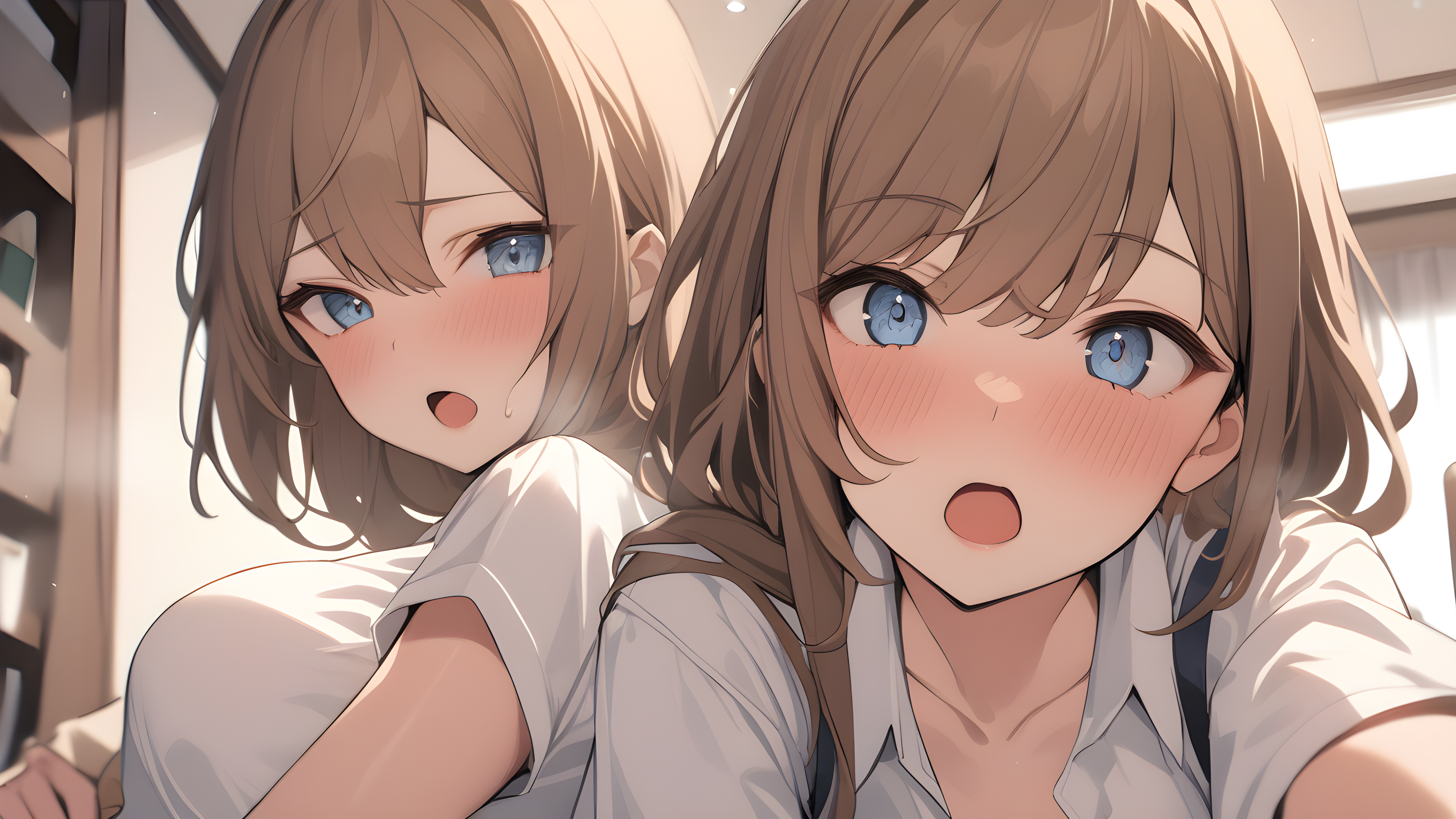 Anime 5120x2880 AI art Stable Diffusion looking at viewer twins hair between eyes anime anime girls open mouth blushing short sleeves indoors women indoors blonde blue eyes collarbone long hair sunlight