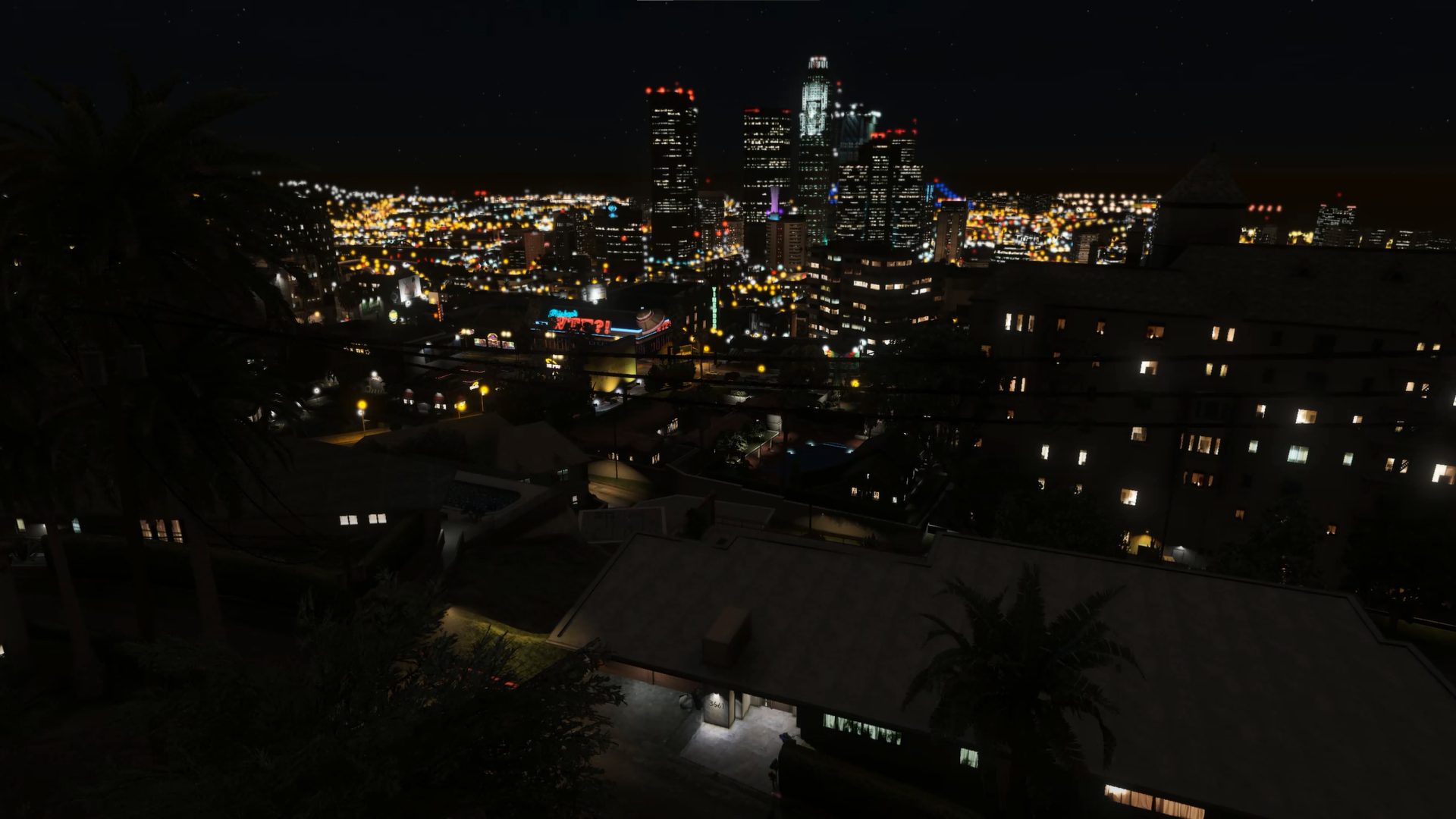 General 1920x1080 Grand Theft Auto V night city lights apartments digital art video games low light Grand Theft Auto city video game art building dark background CGI