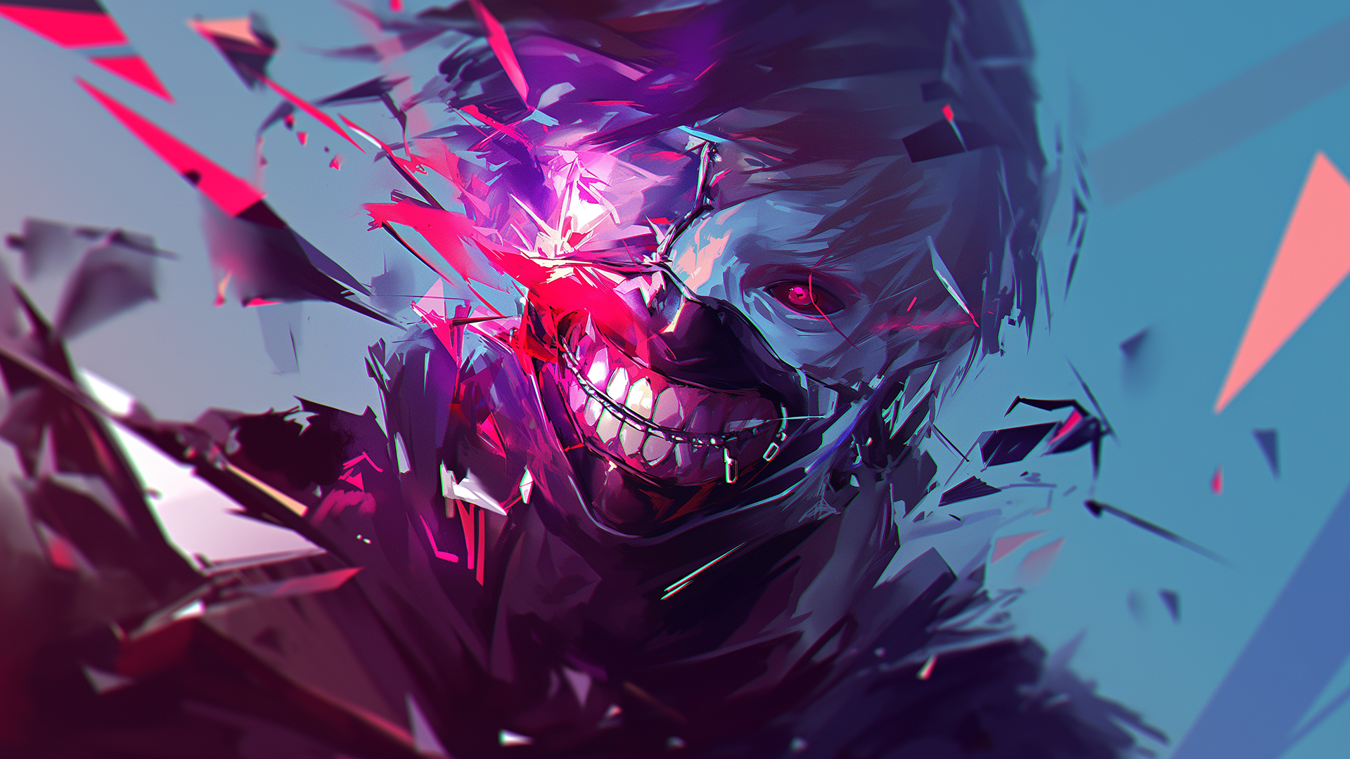 Anime 1920x1080 AI art Kaneki Ken Tokyo Ghoul anime boys anime mask eyepatches smiling red eyes ghoul looking at viewer short hair one eye obstructed face