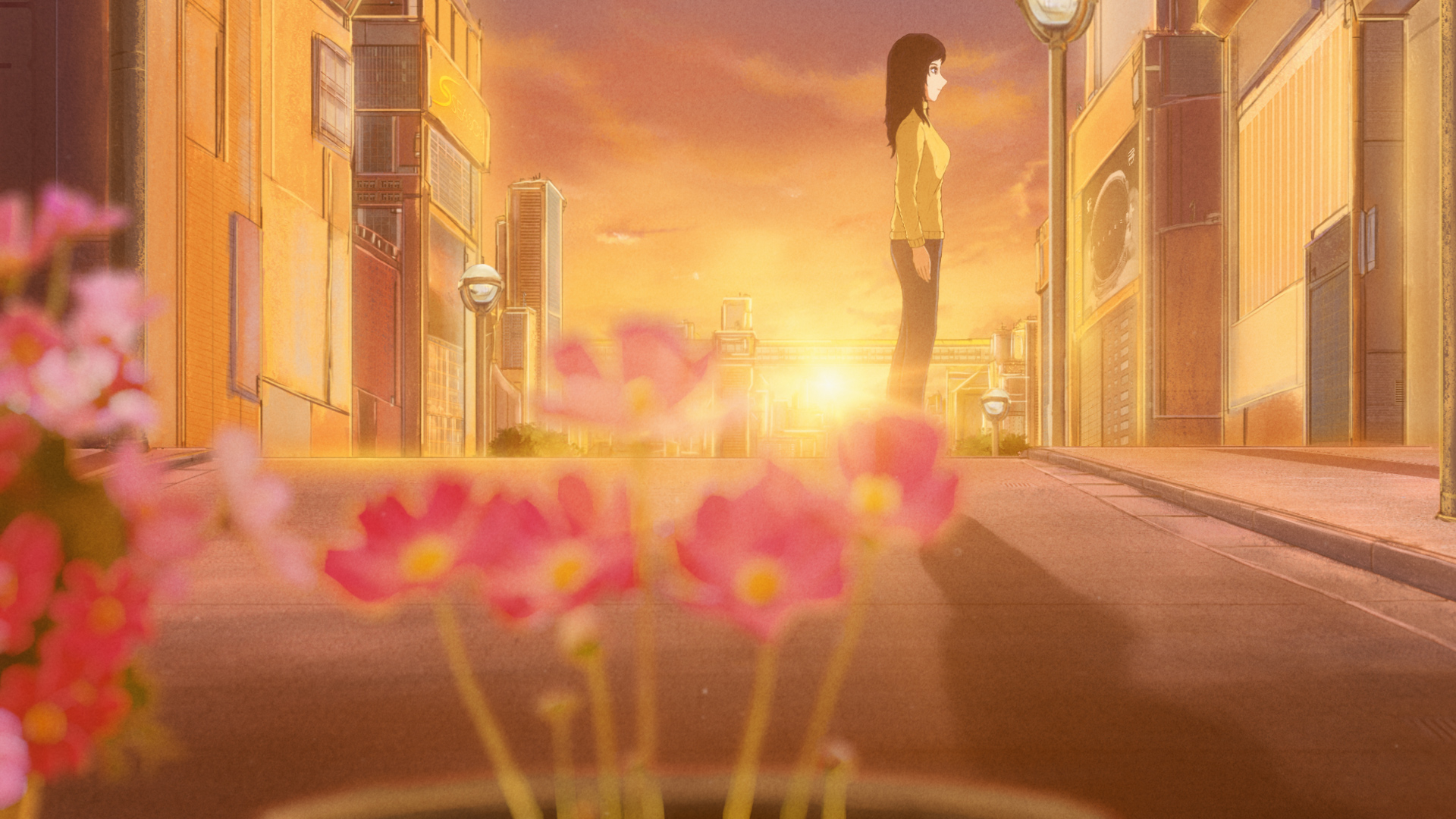Anime 1920x1080 outdoors digital art anime city city sunset glow sky anime flowers building cityscape anime girls sunset street