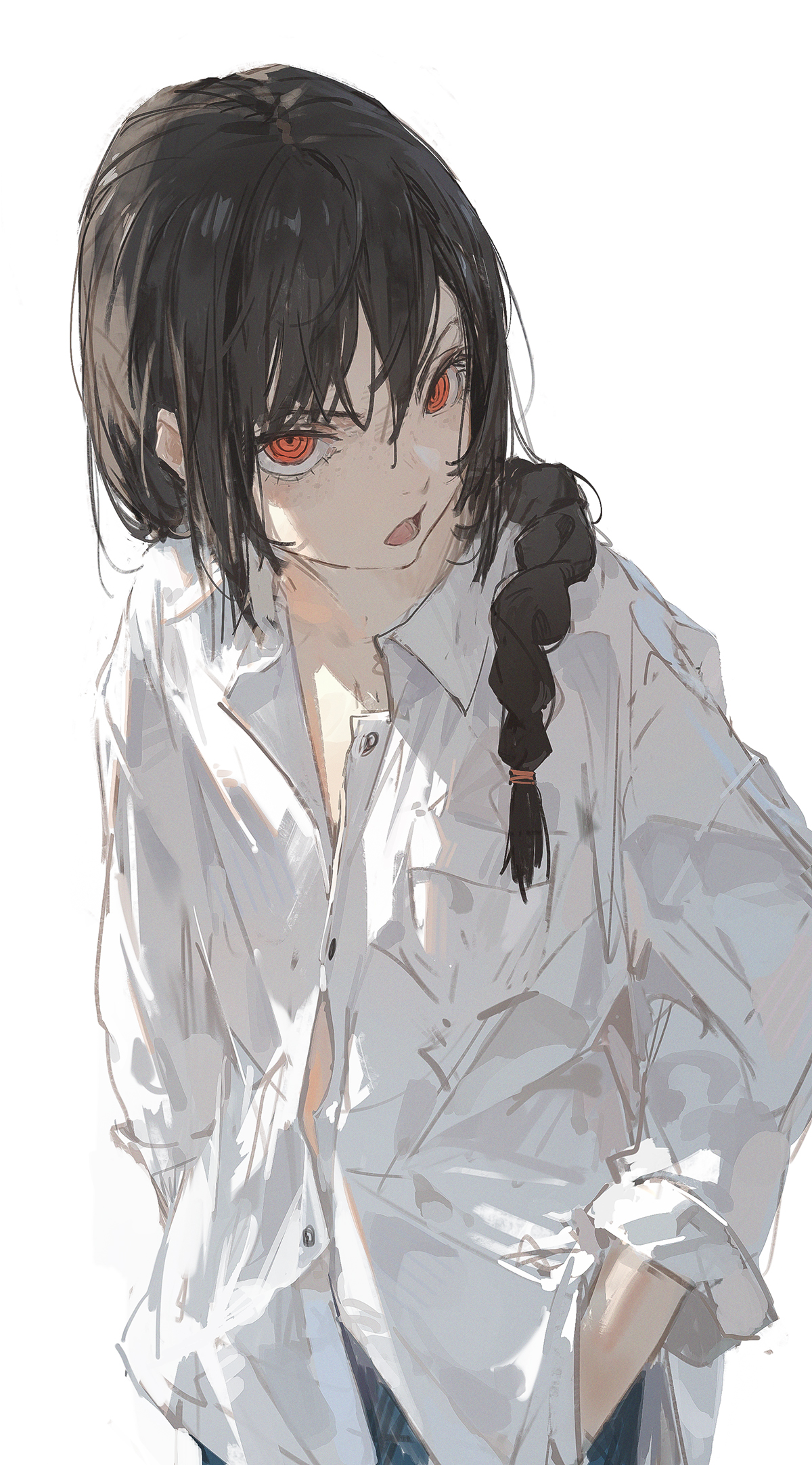 Anime 1200x2163 anime anime girls Nayuta (Chainsaw Man) Chainsaw Man Dino Art simple background braids white background shirt white shirt ringed eyes black hair red eyes rolled sleeves long sleeves looking at viewer standing unbuttoned collared shirt portrait display bright open mouth