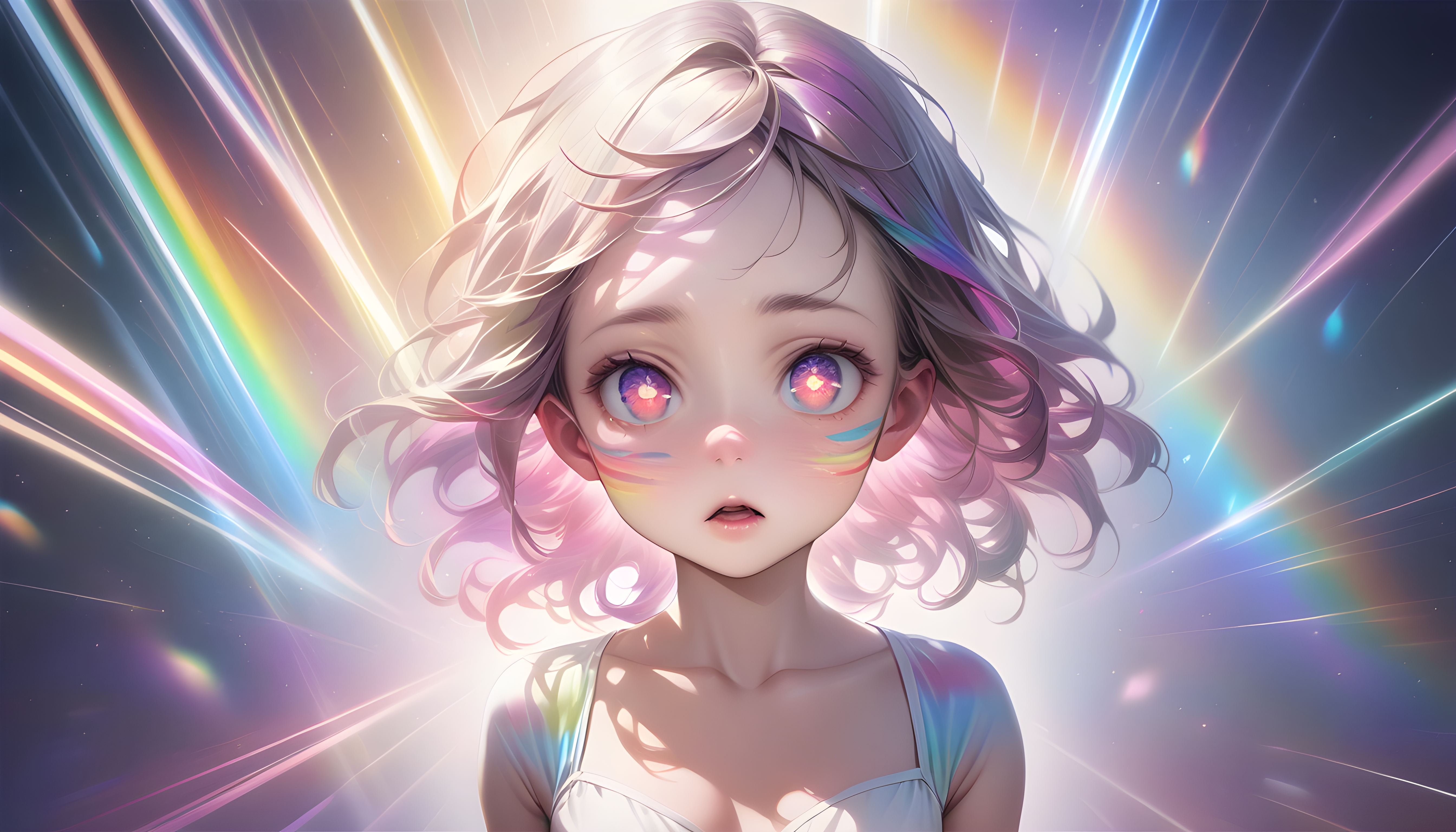Anime 5376x3072 AI art anime girls Hyperrealism rainbows shoulder length hair face open mouth short hair collarbone colorful looking at viewer anime simple background