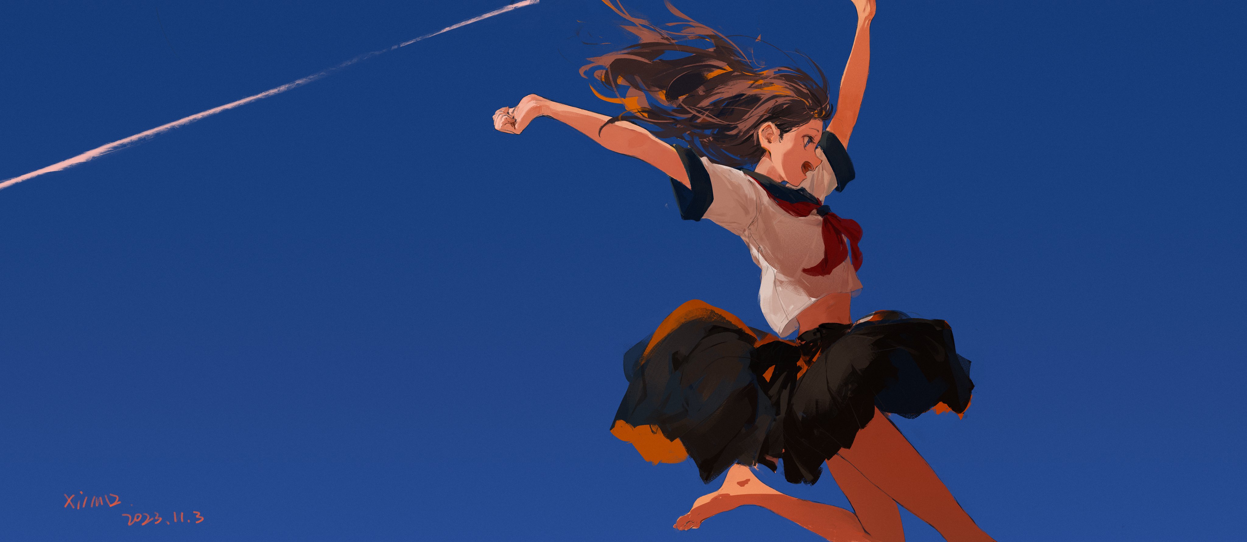 Anime 4096x1781 anime XilmO anime girls short sleeves simple background skirt open mouth smiling long hair brunette bare midriff clear sky blue background blue signature 2023 (year) looking away arms up schoolgirl school uniform neckerchief blue eyes barefoot