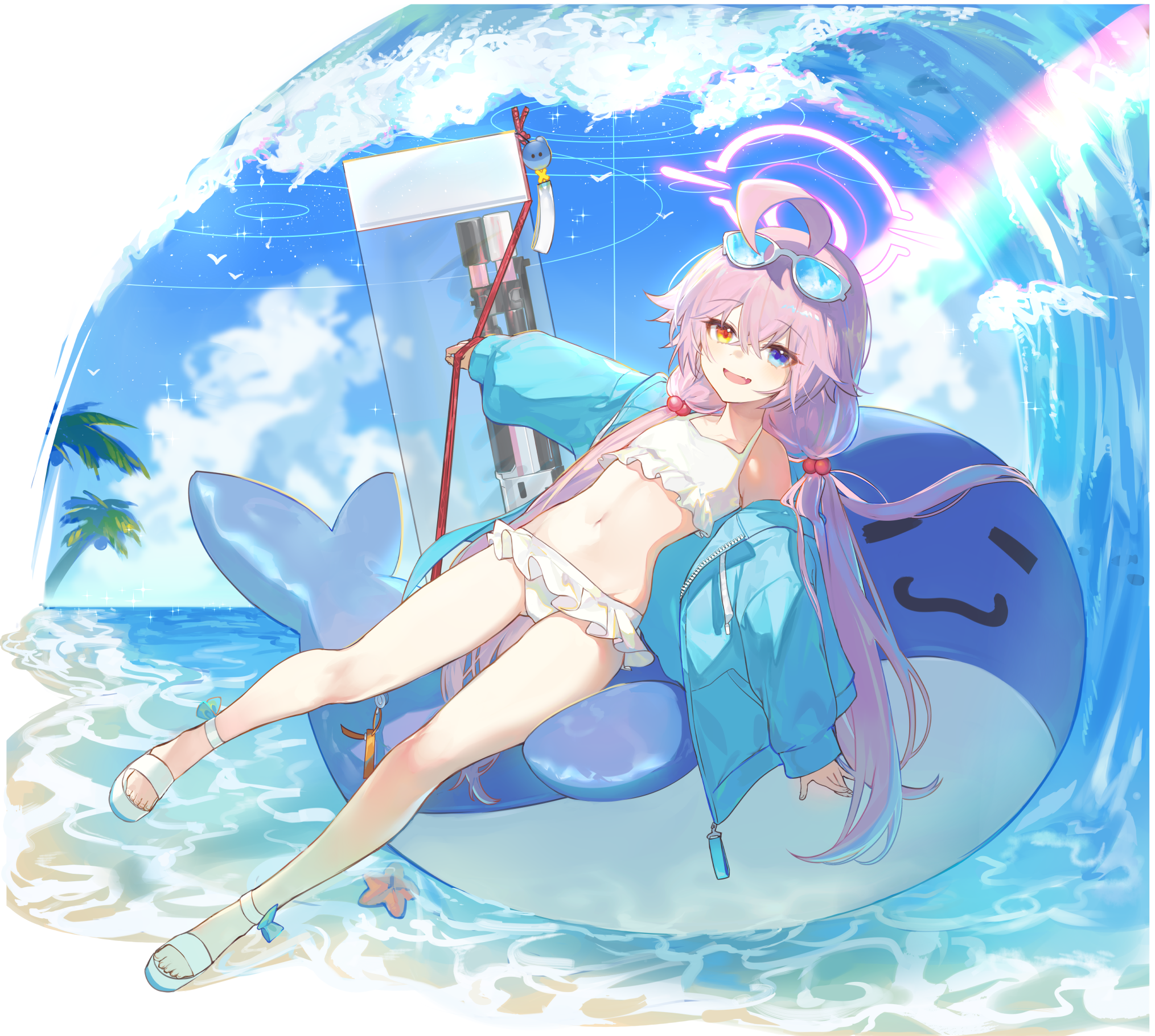 Anime 2029x1820 anime anime girls Takanashi Hoshino (Blue Archive) swimwear Blue Archive hair between eyes long hair heterochromia smiling pink hair open mouth white bikini open coat rainbows clouds sky floater water starfish one bare shoulder women with shades bright sunglasses palm trees sparkles twintails ahoge sp0i0ppp skinny coats