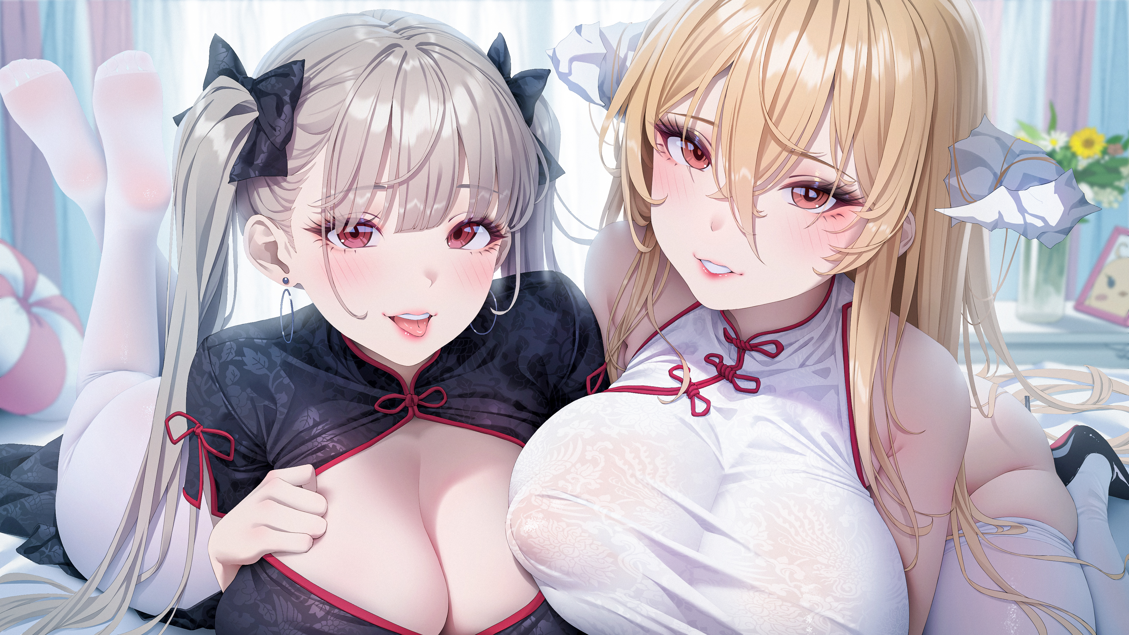 Anime 3840x2160 Pixiv anime girls Formidable (Azur Lane) Implacable(Azur Lane) Rhasta huge breasts looking at viewer blushing hair between eyes anime parted lips tongue out bare shoulders cleavage feet in the air long hair Azur Lane skindentation white thigh highs feet white pantyhose pantyhose lying down lying on front chinese clothing tongues depth of field hair ribbon hoop earrings earring horns bright heels