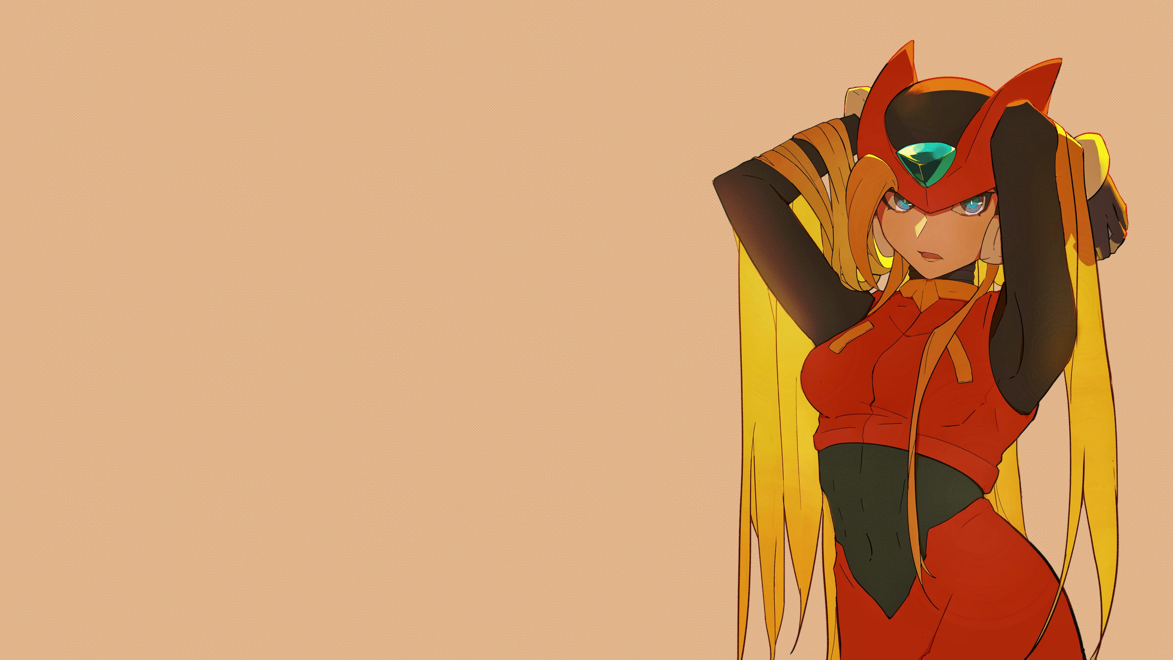 Anime 3840x2160 Megaman Zero Zero Mega Man video games genderswap helmet long hair jewel blonde bare midriff belly belly button aqua eyes blue eyes Capcom fan art armpits looking at viewer simple background boobs video game girls arms up open mouth Yinke