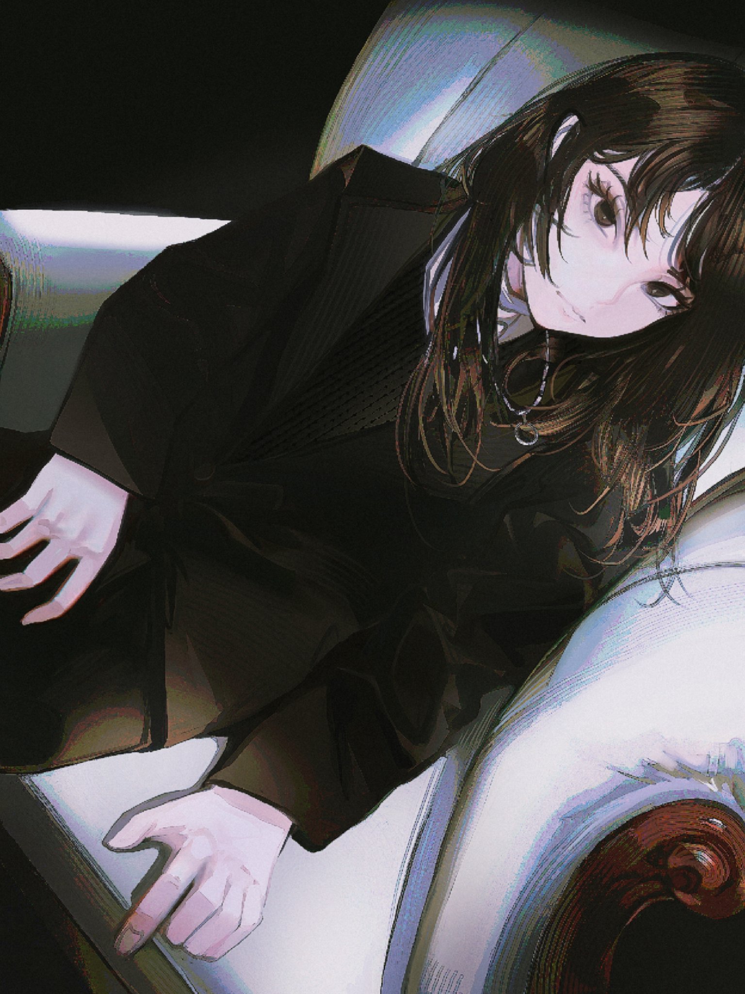 Anime 1536x2048 John Kafka anime anime girls long hair looking at viewer sitting closed mouth brunette brown eyes long sleeves black clothing uniform armchair necklace