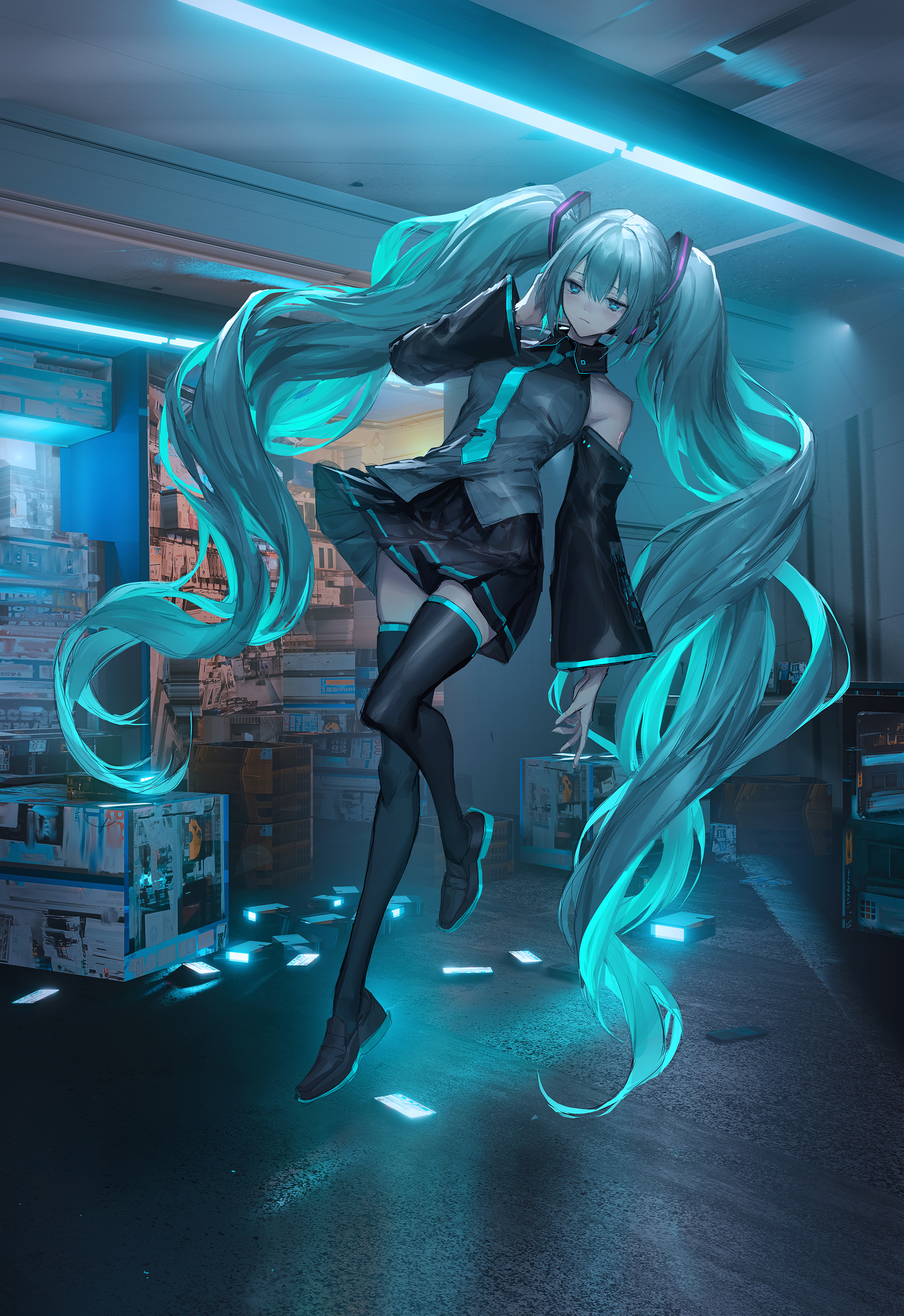 Anime 2000x2910 Hatsune Miku anime girls illustration digital art long hair _LM7_ portrait display twintails bare shoulders skirt detached sleeves blue glowing thigh-highs black thigh-highs thighs blue hair blue eyes ceiling lights anime hair between eyes frills Vocaloid