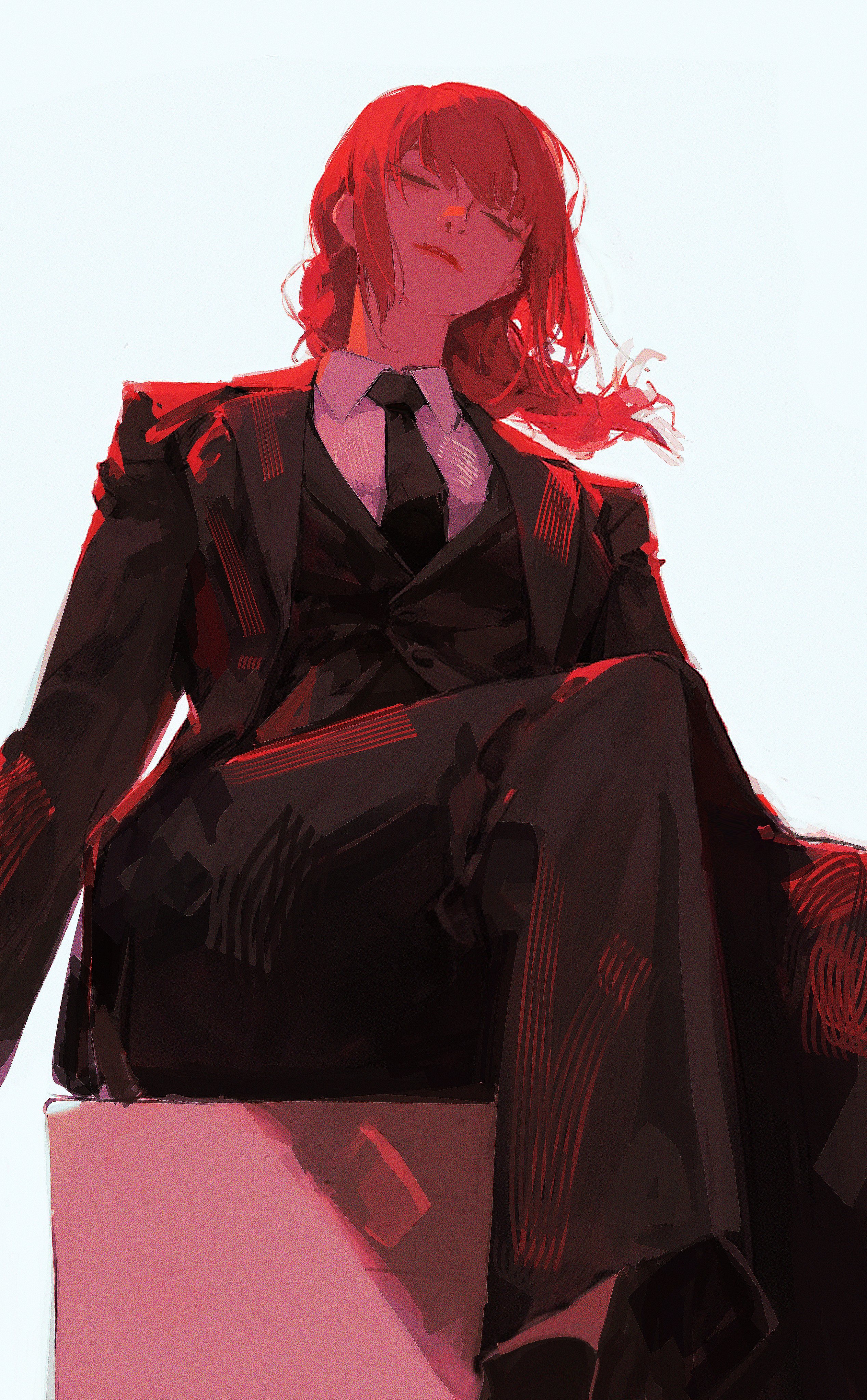 Anime 2536x4096 96yottea anime anime girls Chainsaw Man Makima (Chainsaw Man) suits suit and tie simple background tie sitting white background closed eyes closed mouth long hair long sleeves uniform black clothing collared shirt blunt bangs black vest open clothes open jacket jacket necktie