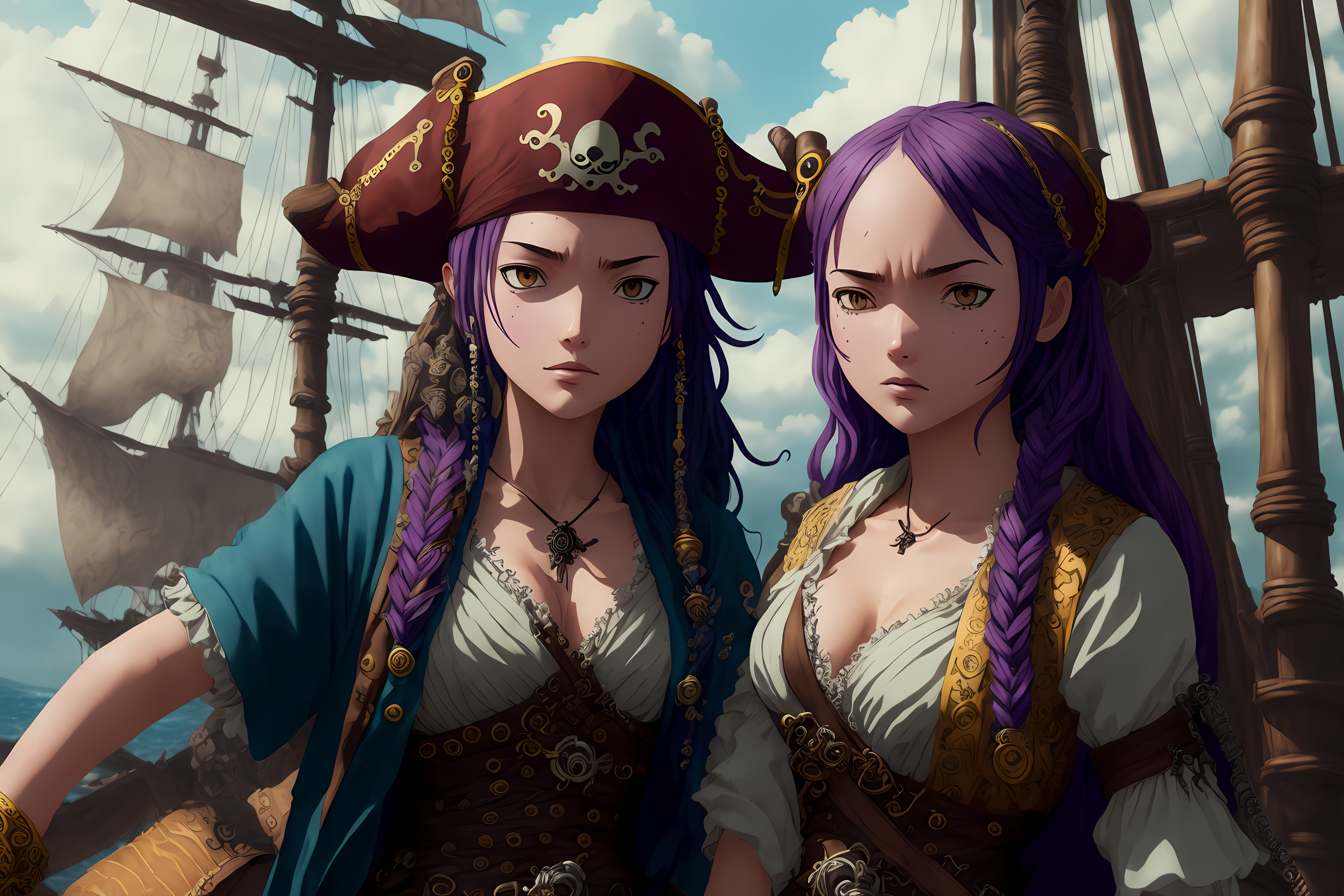 General 3072x2048 pirate girl AI art two women low neckline purple hair female warrior ship looking at viewer braids necklace pirate hat yellow eyes