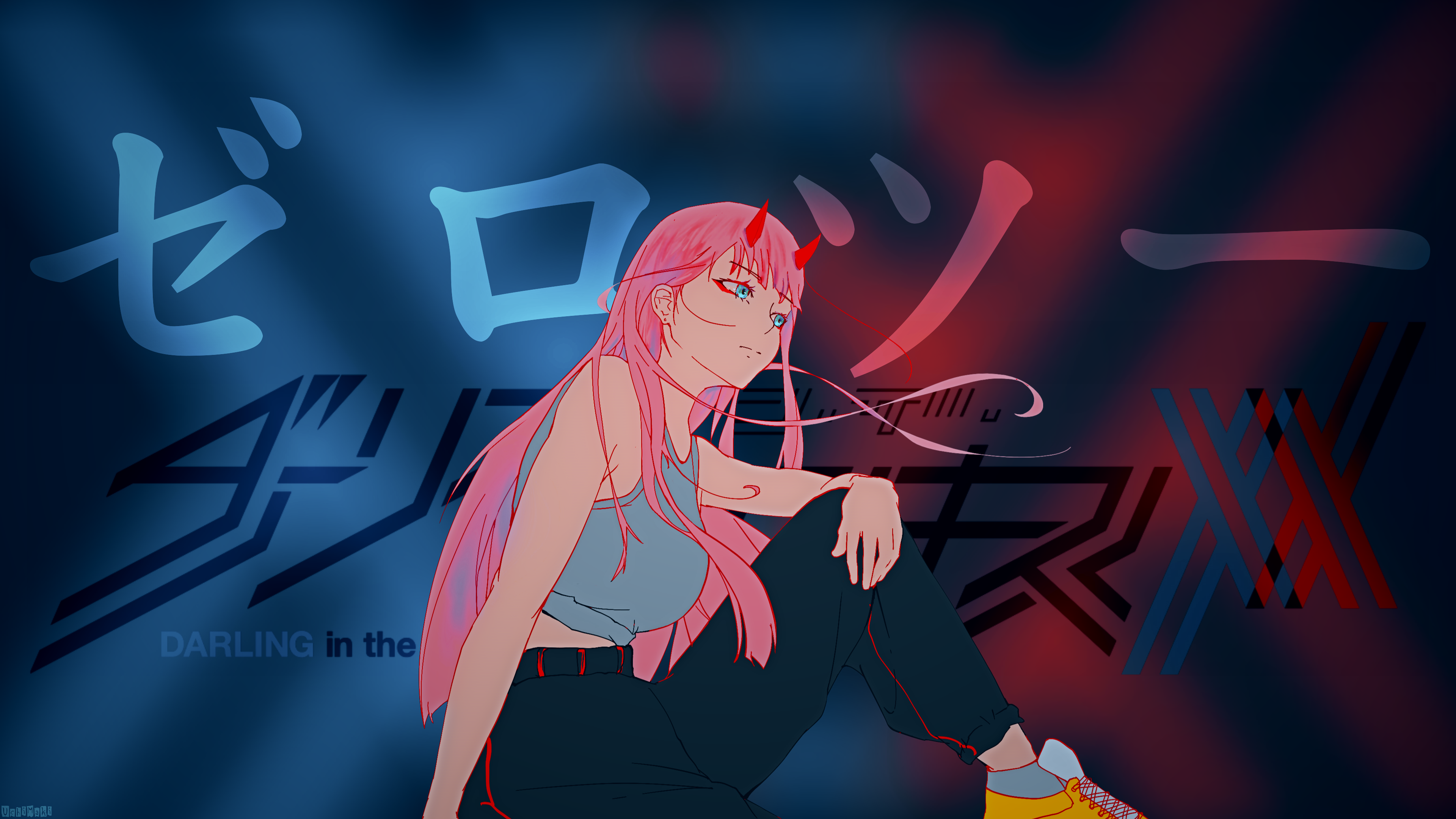 Anime 3840x2160 Darling in the FranXX Zero Two (Darling in the FranXX) pink hair blurry background dark background fan art 4K xx:me anime girls jogging Japanese minimalism horns long hair sporty artwork black background 2D text white text neon text overlay high detail