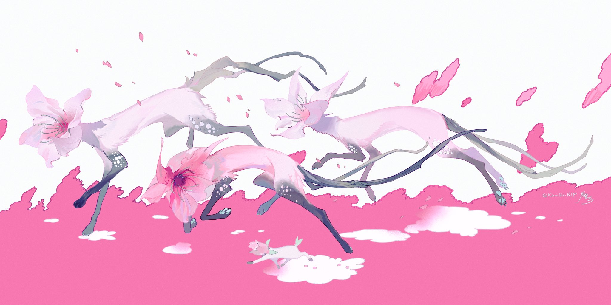 Anime 2048x1023 cherry blossom fox creature minimalism simple background petals flowers