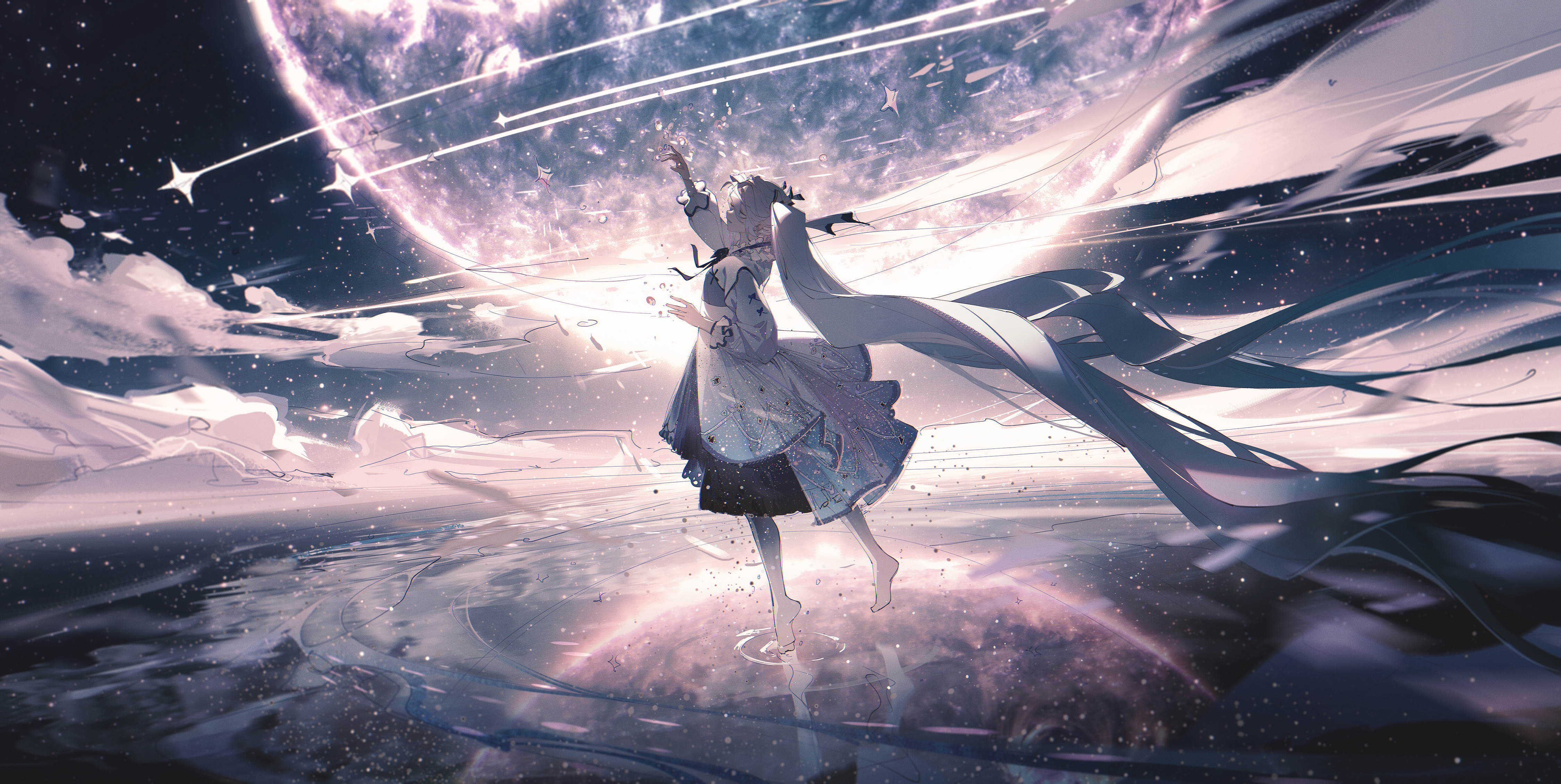 Anime 4500x2261 Ying Yi Vocaloid long hair anime girls Moon stars starry night clouds barefoot dress closed eyes reflection water drops water twintails