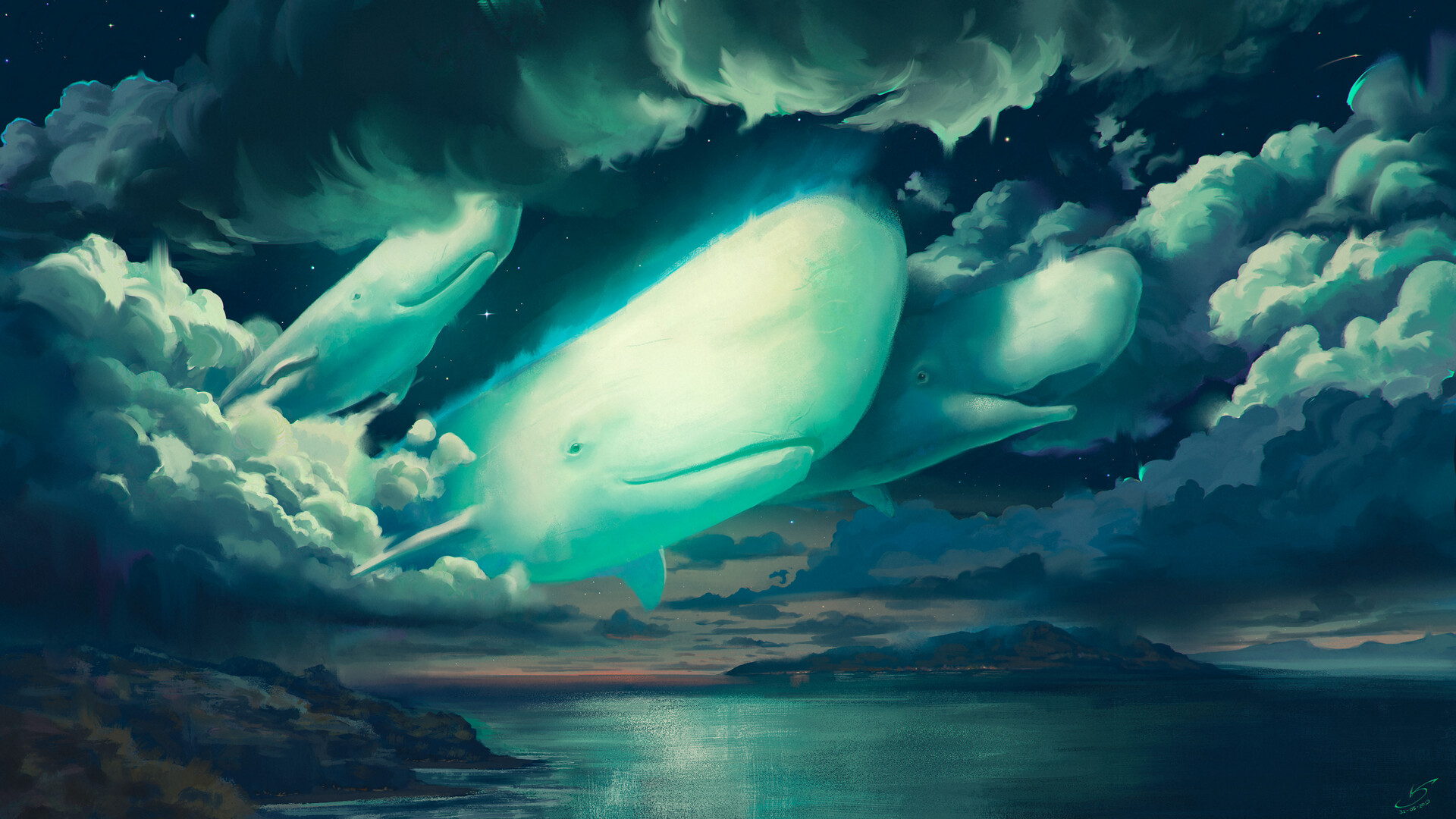 General 1920x1080 Victor Sales digital art fantasy art ArtStation whale clouds sky night sky starry night animals water