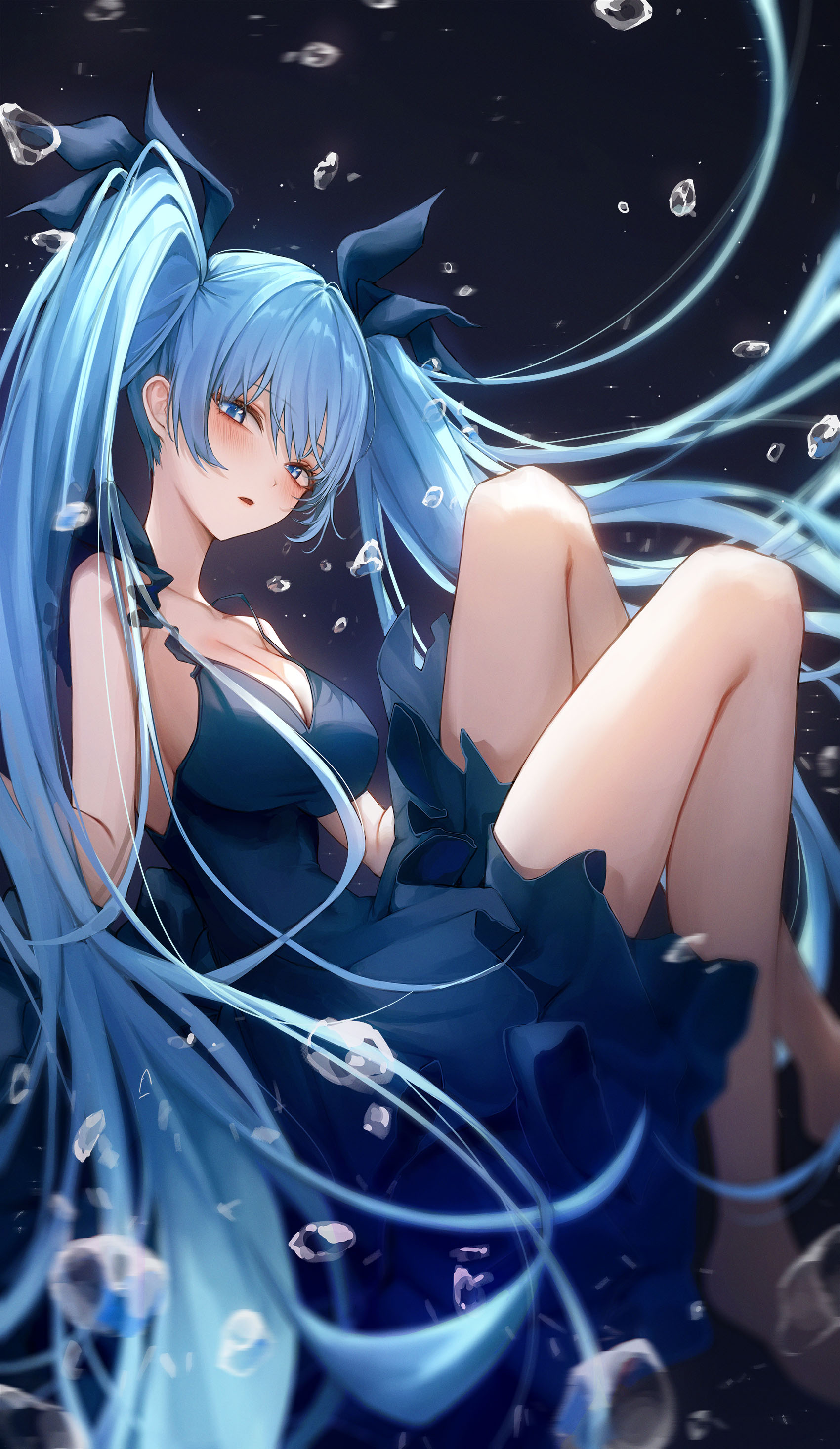Anime 1700x2934 Ame 816 portrait display anime anime girls Vocaloid Hatsune Miku dress looking at viewer long hair blue hair twintails blue eyes blue dress blushing boobs cleavage bubbles underwater water thighs legs