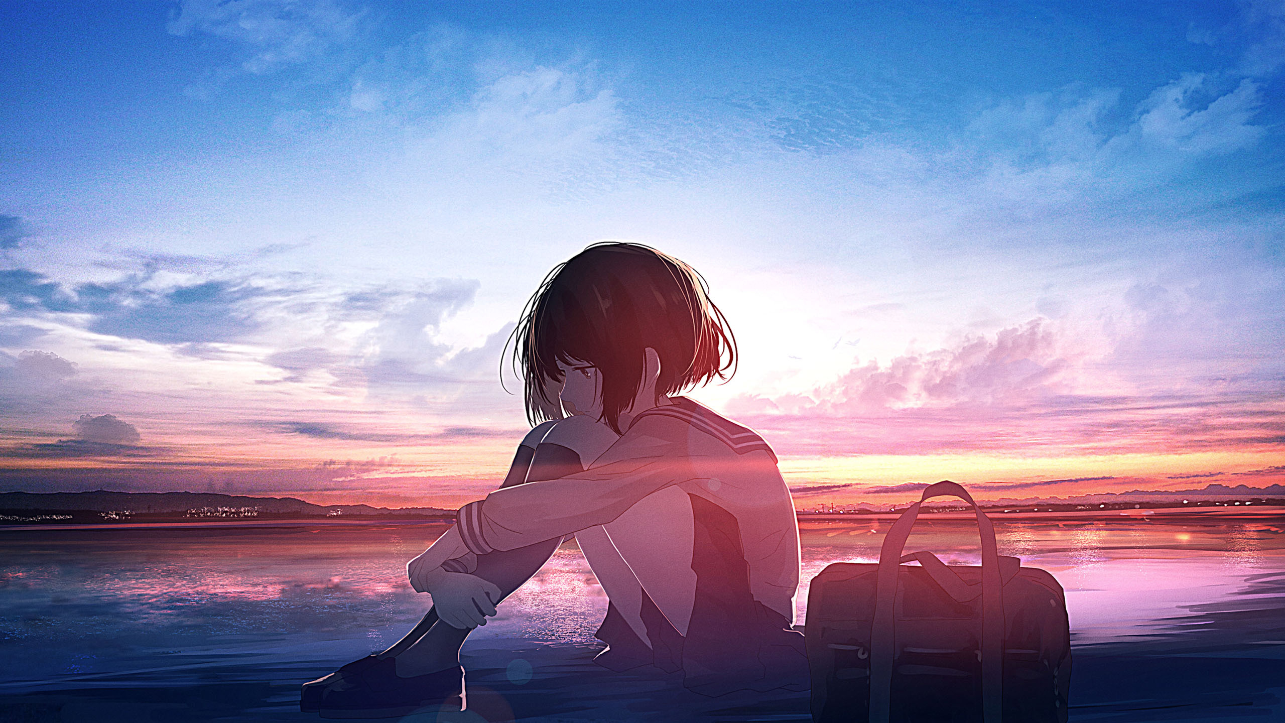 Anime 2560x1440 alone school uniform artwork Mifuru schoolgirl looking away sunset sunset glow sky clouds short hair