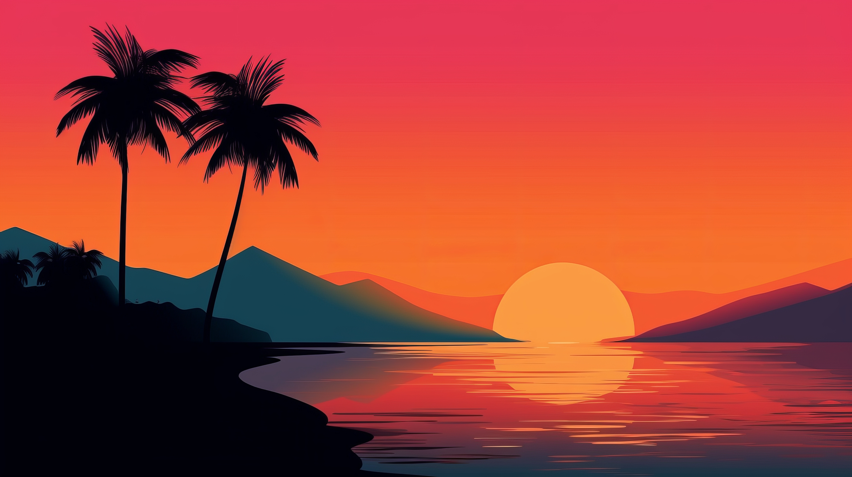General 2912x1632 AI art tropical sunset minimalism palm trees illustration silhouette sunset glow Sun simple background water mountains