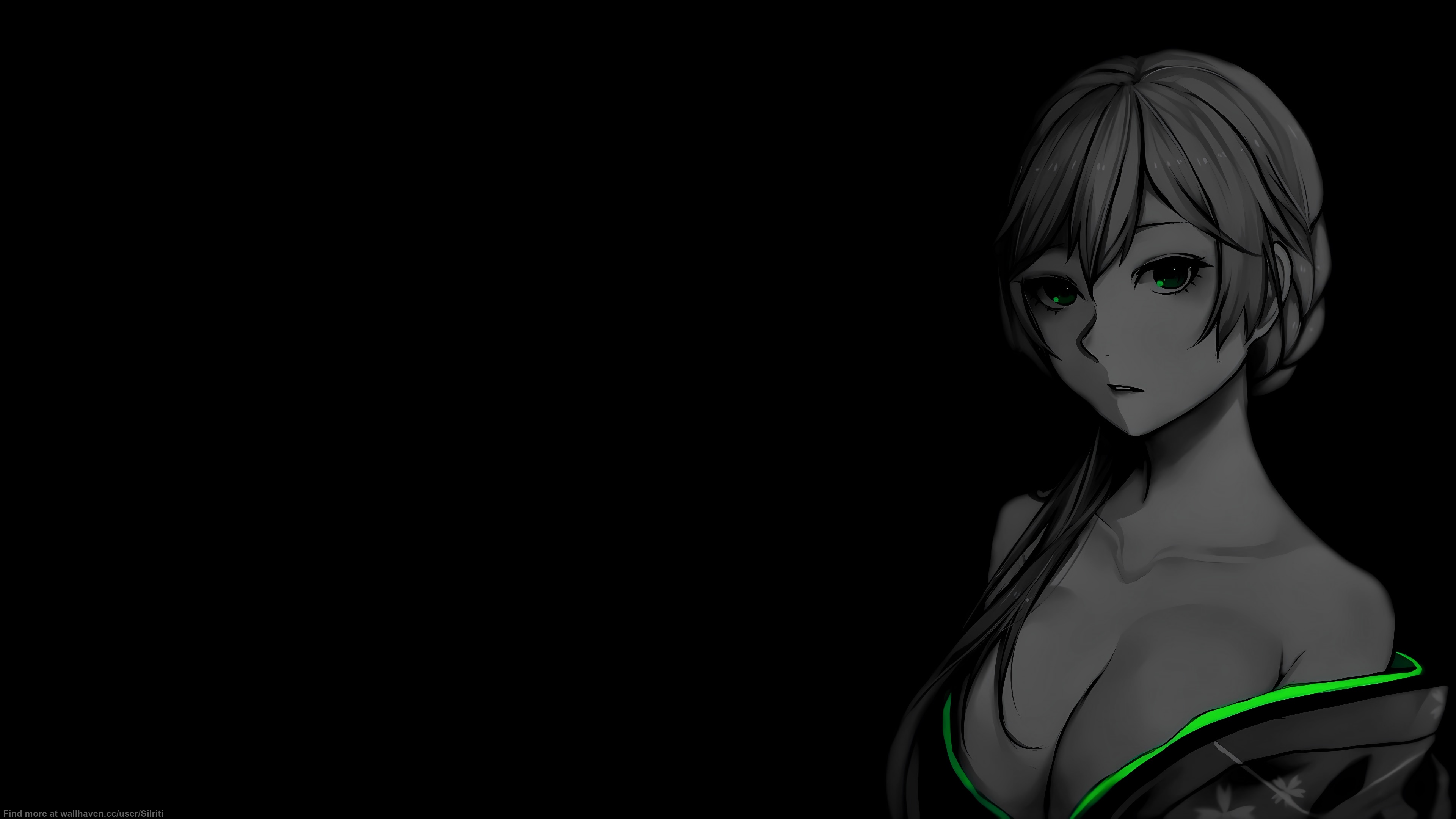 Anime 3840x2160 selective coloring black background dark background simple background anime girls minimalism cleavage big boobs looking at viewer kimono bare shoulders green eyes