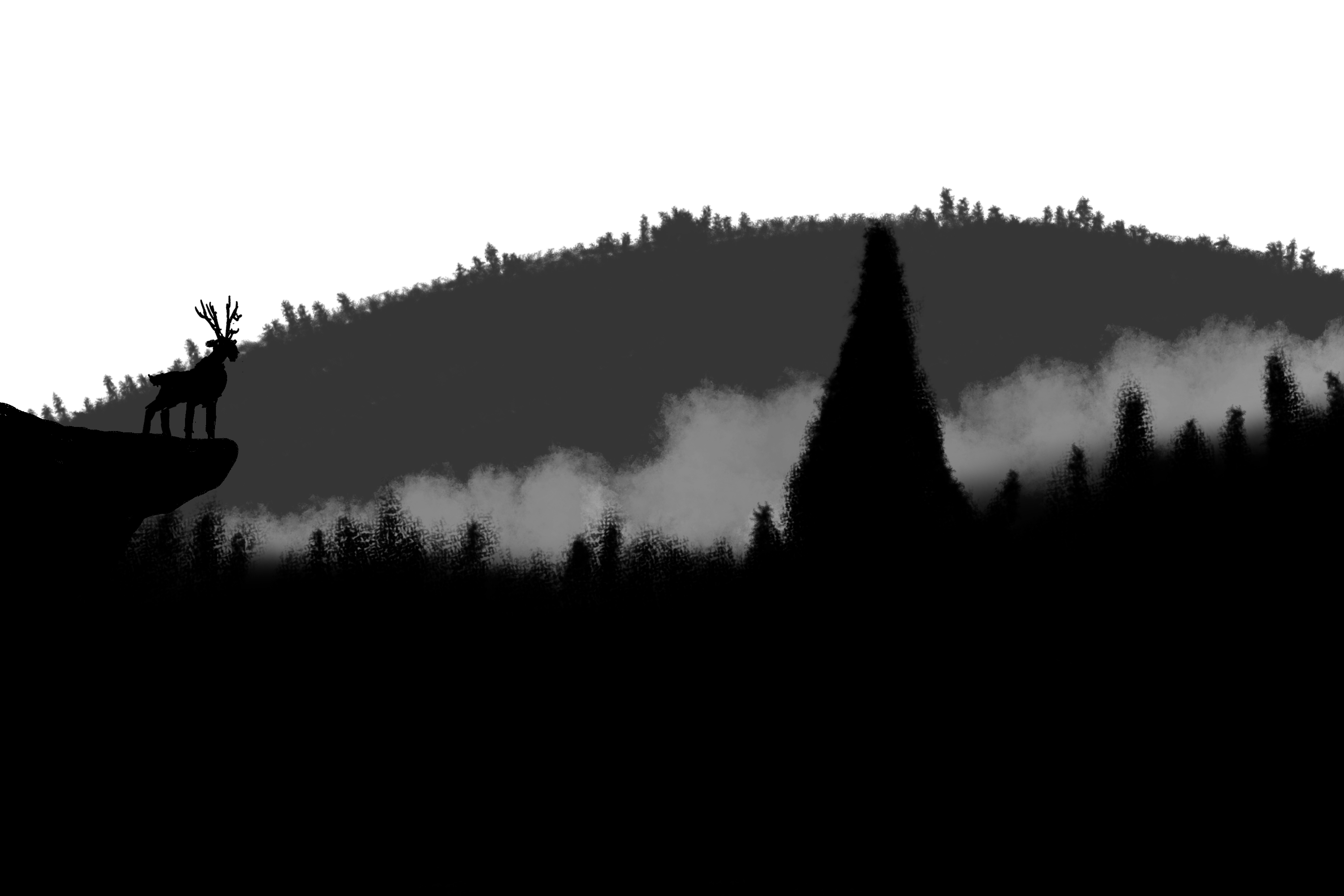 General 3000x2000 deer wood forest mountains fog trees black white