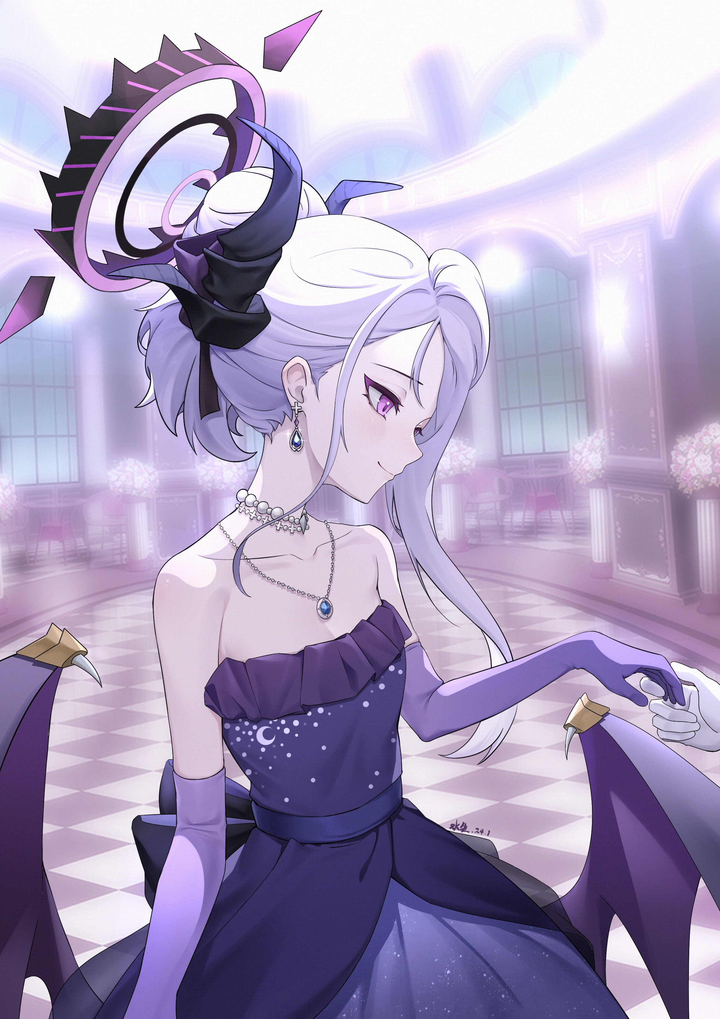 Anime 2480x3508 Sorasaki Hina (Blue Archive) portrait display long hair purple eyes anime girls anime girl with wings dress demon horns Blue Archive elbow gloves purple gloves closed mouth collarbone bare shoulders gloves gemstone necklace earring gem earrings smiling pearl necklace skinny signature horns