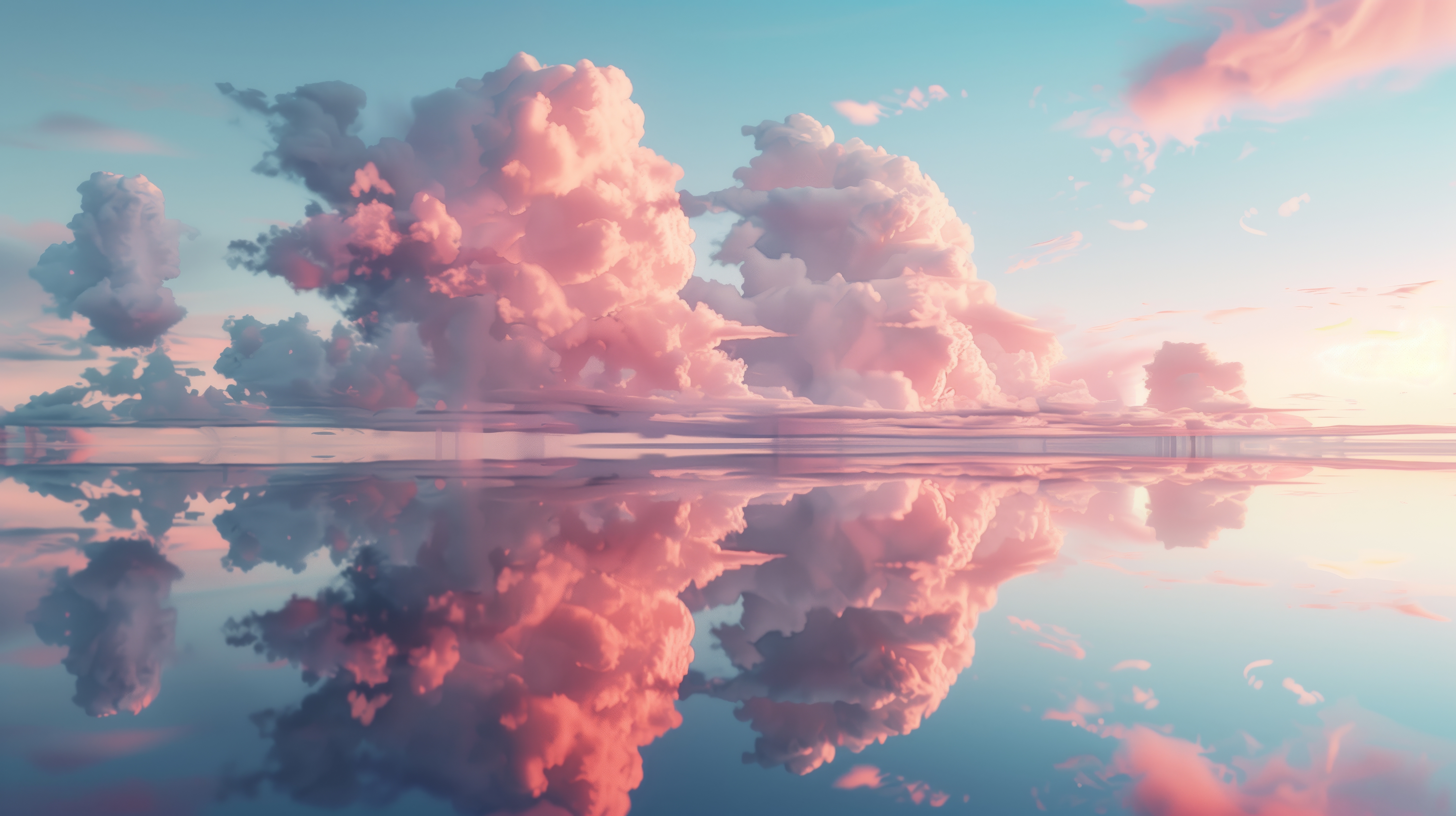 General 5824x3264 AI art reflection clouds pastel pink blue horizon sky