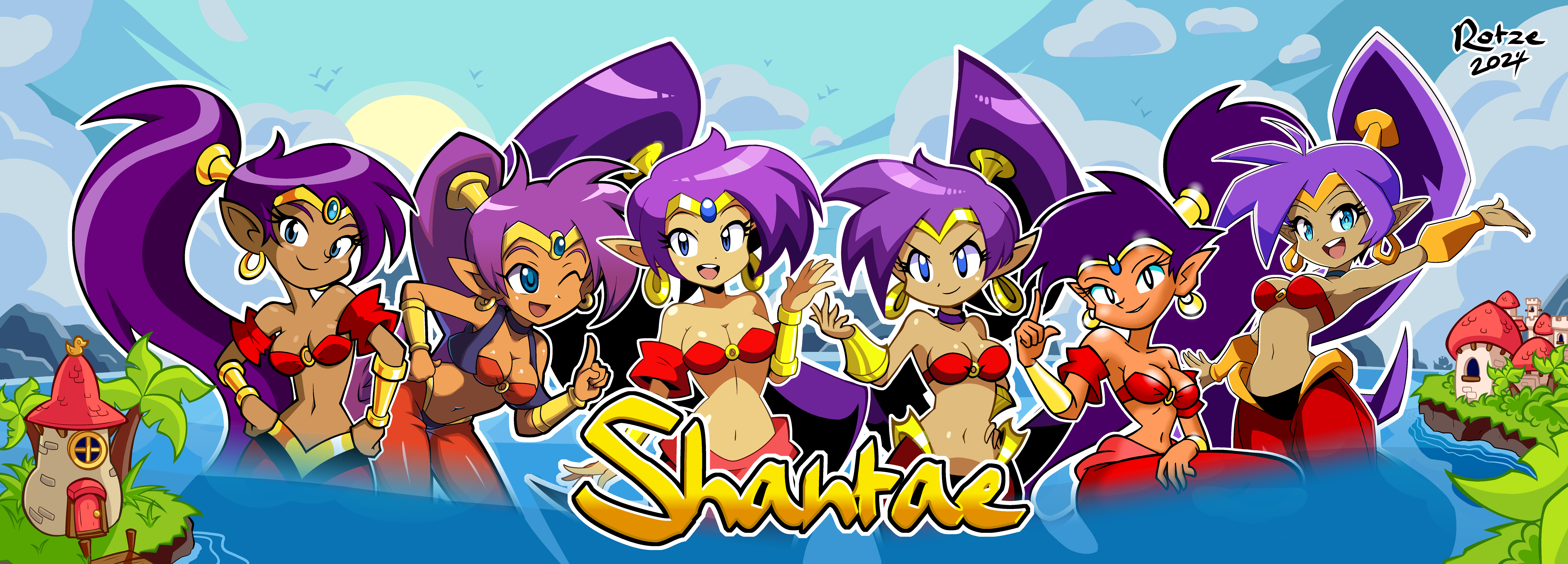 General 7500x2700 Shantae Shantae: Risky's Revenge Shantae: Half-Genie Hero Shantae and the Pirate's Curse ponytail purple hair long hair bare midriff belly belly button circlet jewel tiara bracelets armlet boobs big boobs cleavage leaning wink bangs earring jewelry blue eyes purple eyes clouds house palm trees WayForward hands on hips bedroom eyes video games video game characters retro games video game girls castle city pointy ears dark skin