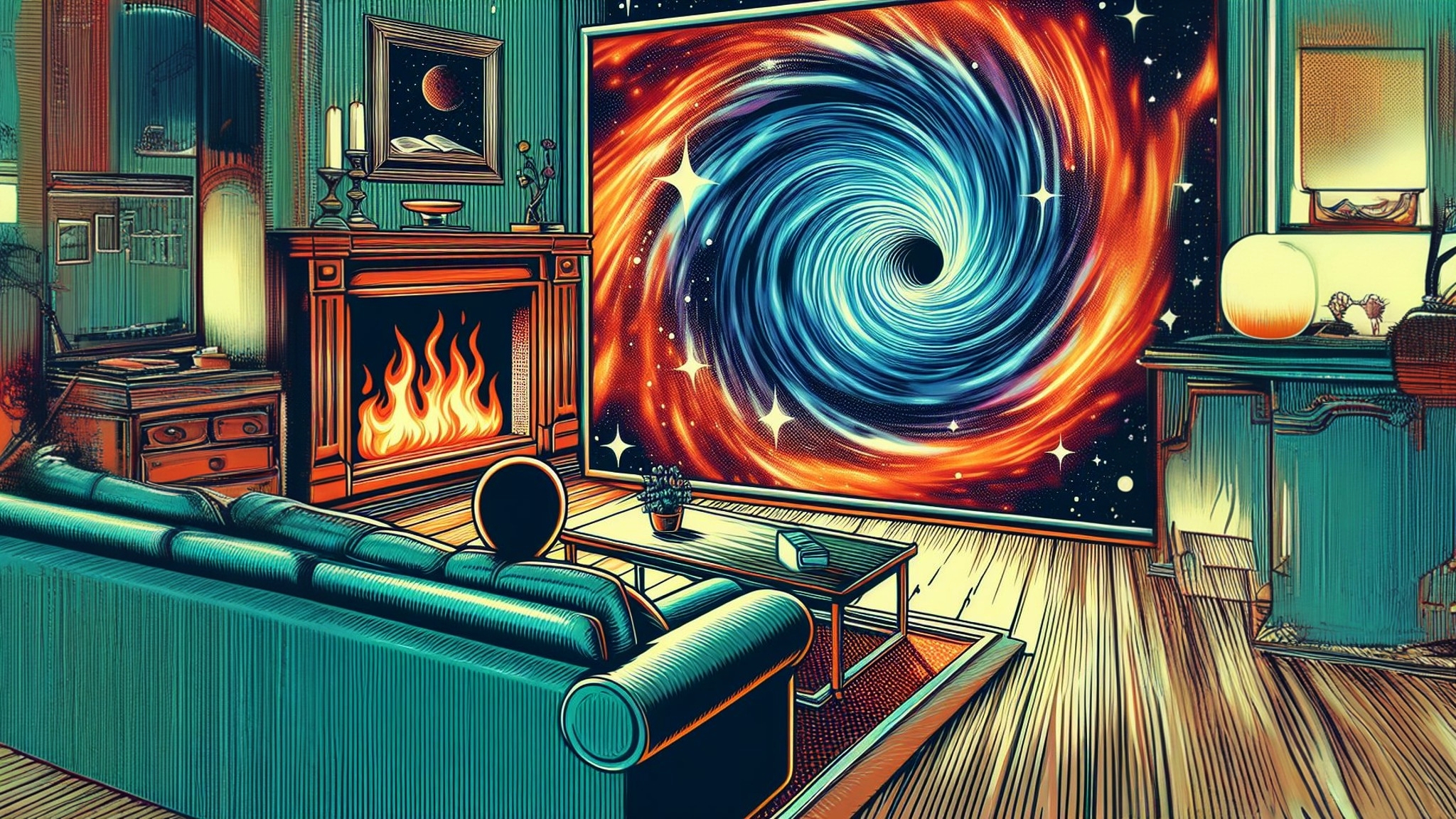 General 2048x1152 AI art cartoon wormhole fireplace