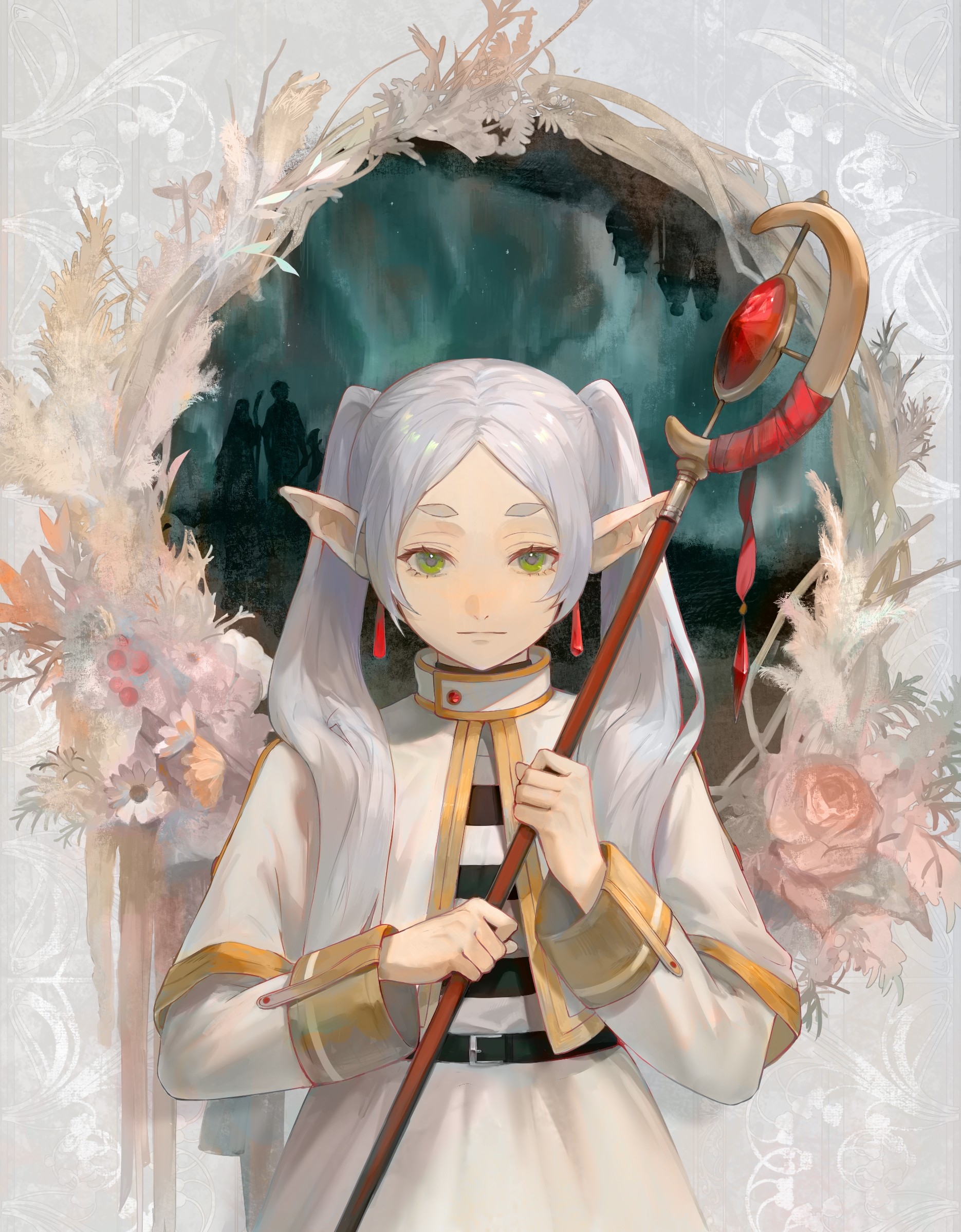 Anime 1870x2397 Sousou No Frieren Frieren portrait display anime girls looking at viewer elves pointy ears long sleeves Yoruirooo777 twintails frontal view capelet closed mouth earring gray hair expressionless staff striped shirt