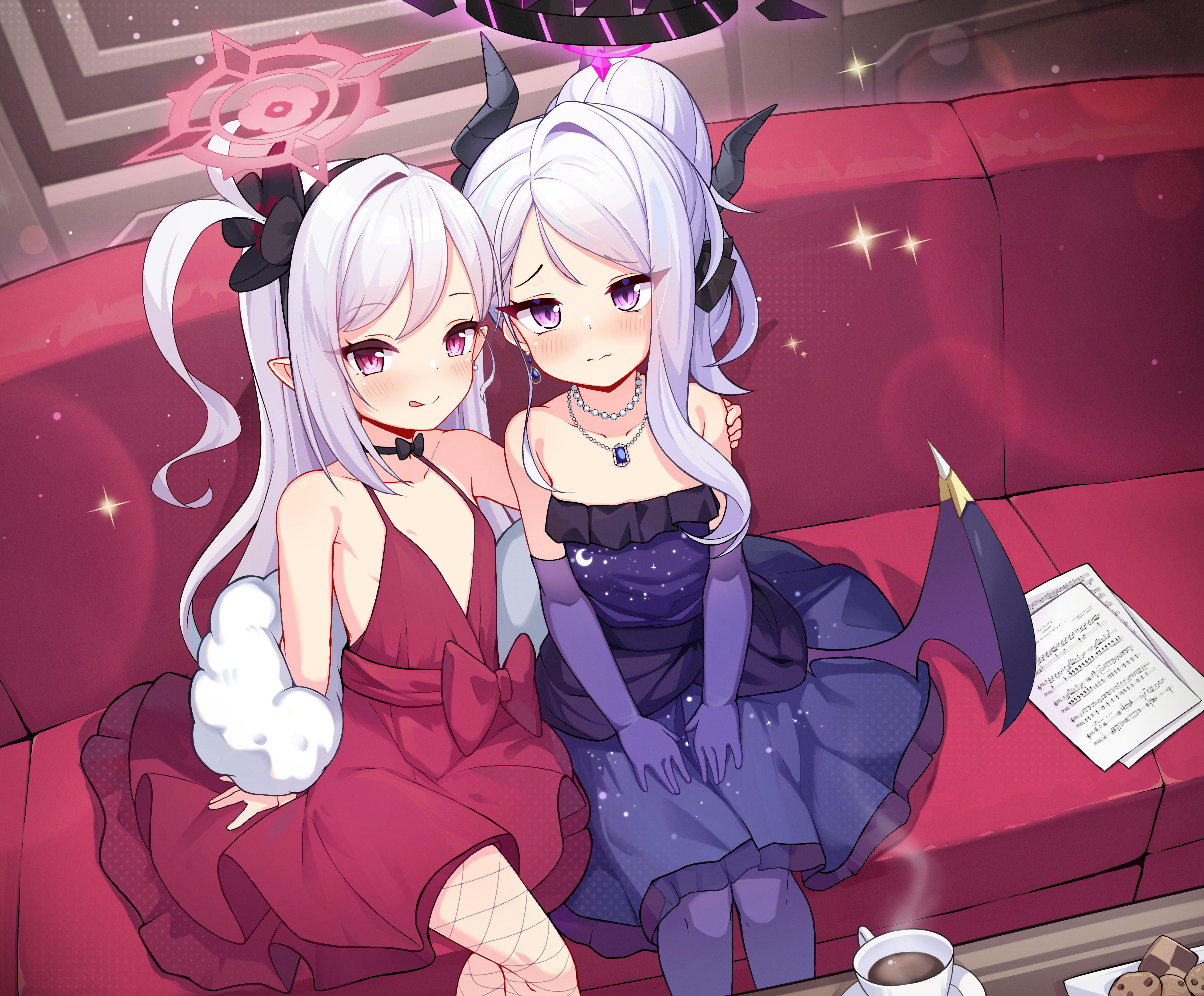 Anime 5164x4270 anime girls Asagi Mutsuki (Blue Archive) Sorasaki Hina (Blue Archive) Blue Archive dress long hair white hair fan art pointy ears bare shoulders collarbone tongue out purple dress elbow gloves purple gloves gloves red dress legs fishnet paper musical notes coffee drink cup cookies