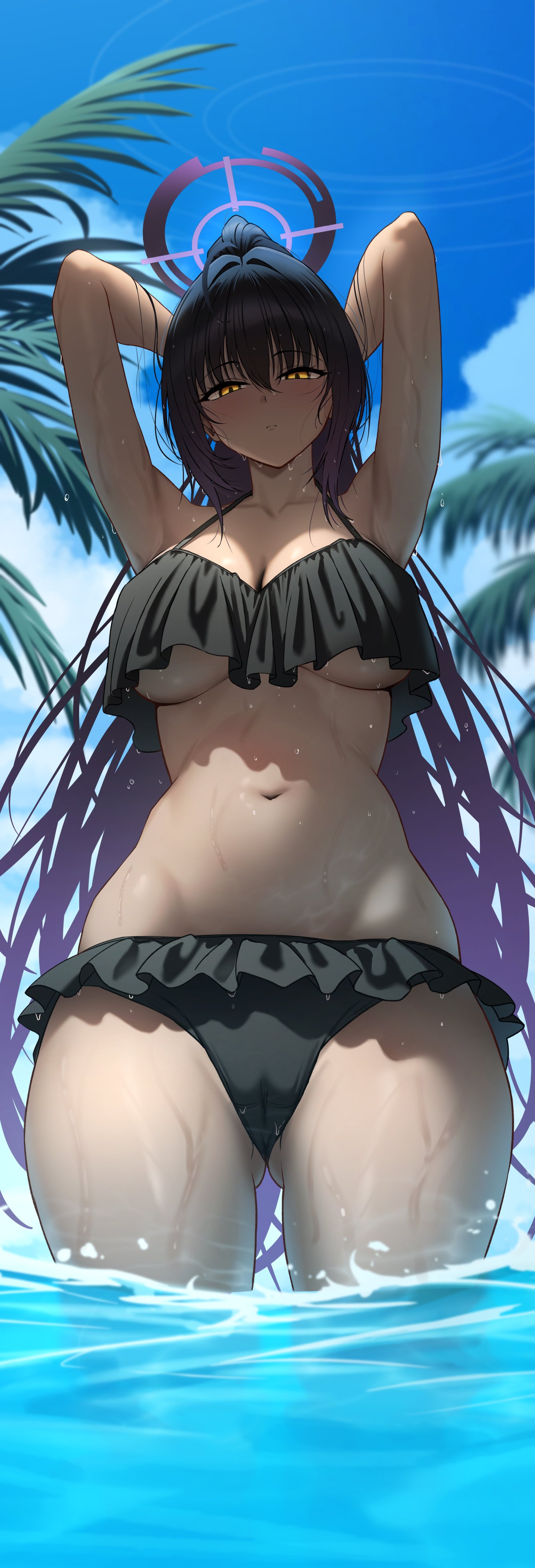 Anime 1338x3916 Blue Archive black bikinis portrait display wet body Kakudate Karin long hair water standing in water bikini arm(s) behind head yellow eyes palm trees women outdoors beach armpits closed mouth black swimsuit ponytail huge breasts swimwear gradient hair cameltoe SOLar wet swimsuit water drops thighs clouds sky wet anime hair between eyes anime girls arms up underboob butt fangs frills looking at viewer