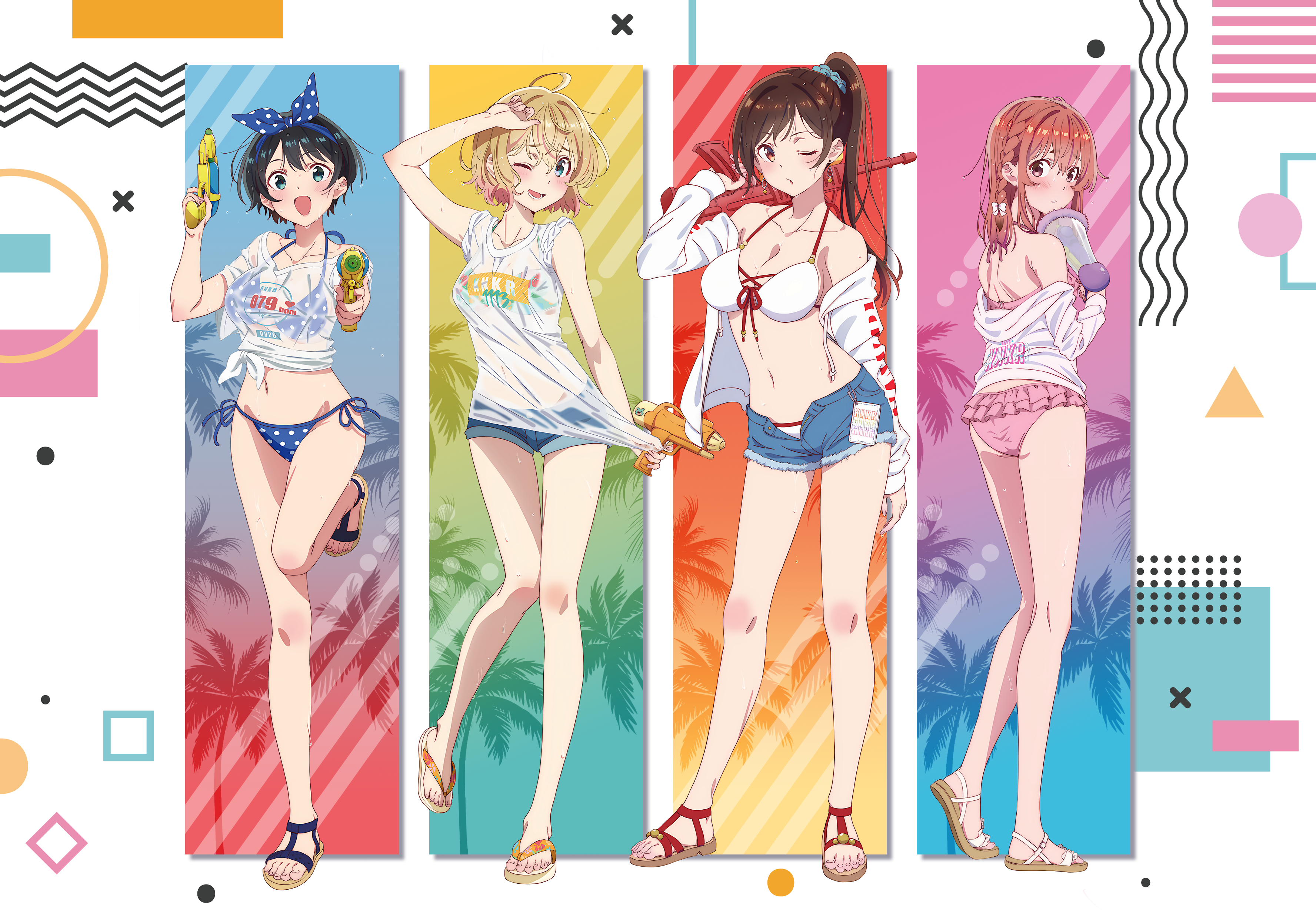 Anime 3553x2458 anime anime girls Kanojo, Okarishimasu (Rent-a-Girlfriend) Ruka Sarashina Chizuru Mizuhara Mami Nanami Sumi Sakurasawa swimwear blushing smiling women quartet group of women shorts