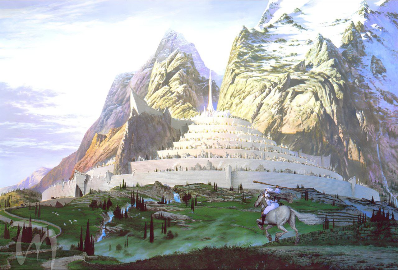 General 1280x869 fantasy art fantasy castle The Lord of the Rings The Hobbit Gandalf horse Minas Tirith wizard J. R. R. Tolkien clouds Ted Nasmith horseback landscape trees sky field