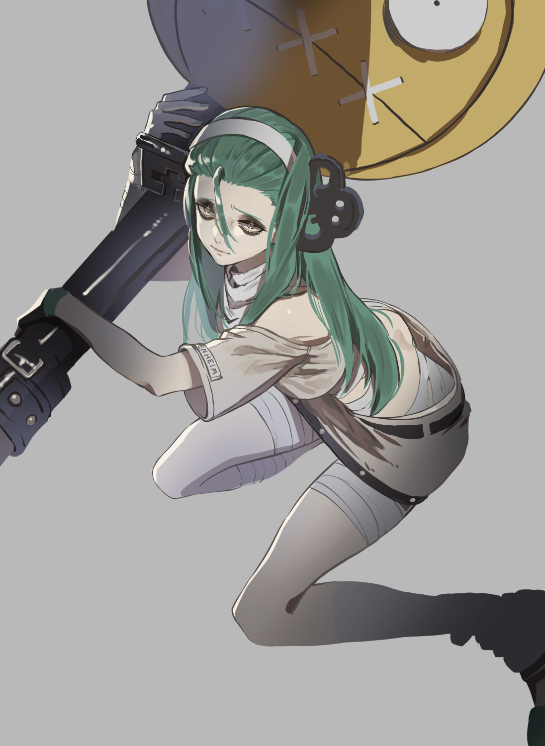 Anime 1096x1500 A.b.a (guilty gear) Guilty Gear anime games anime girls closed mouth Guilty gear strive long hair simple background legs bent legs leaning portrait display headband looking at viewer skinny hair between eyes weapon green hair green eyes