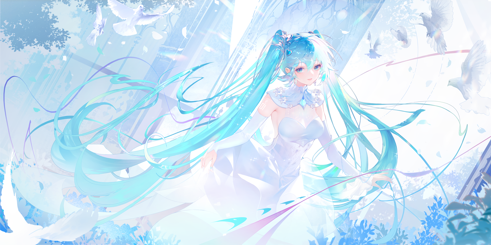 Anime 2048x1024 anime anime girls Pixiv Vocaloid Hatsune Miku jie xiaoming hair between eyes twintails looking at viewer dress white dress elbow gloves white gloves lifting dress blue nails painted nails blue hair blue eyes parted lips sparkles pillar dove white animals bright birds