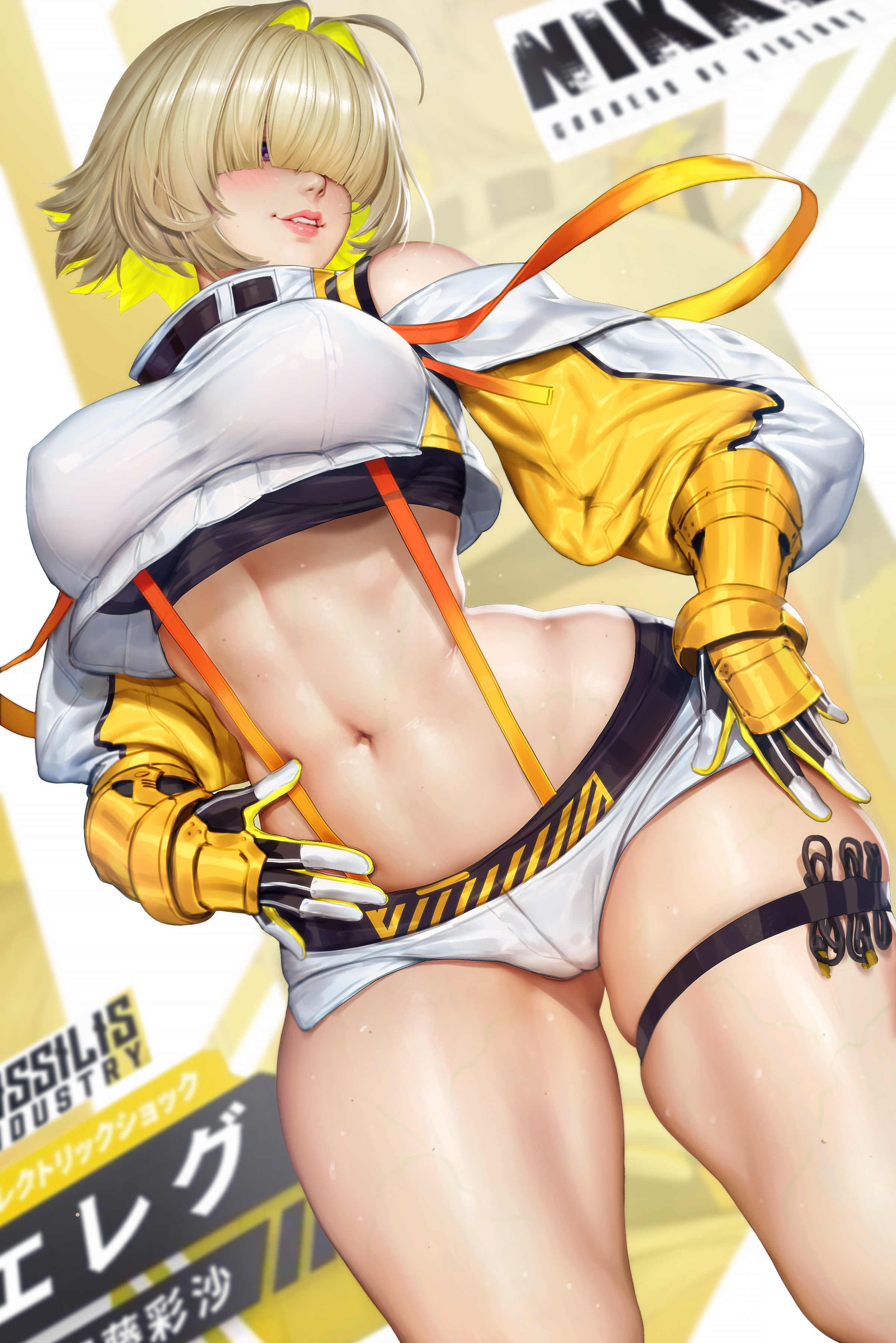 General 2400x3597 NeoArtCorE (artist) women Elegg (Nikke) portrait Nikke: The Goddess of Victory video game girls blonde short hair hair over eyes big boobs gloves thighs wide hips video game characters hentai portrait display standing parted lips