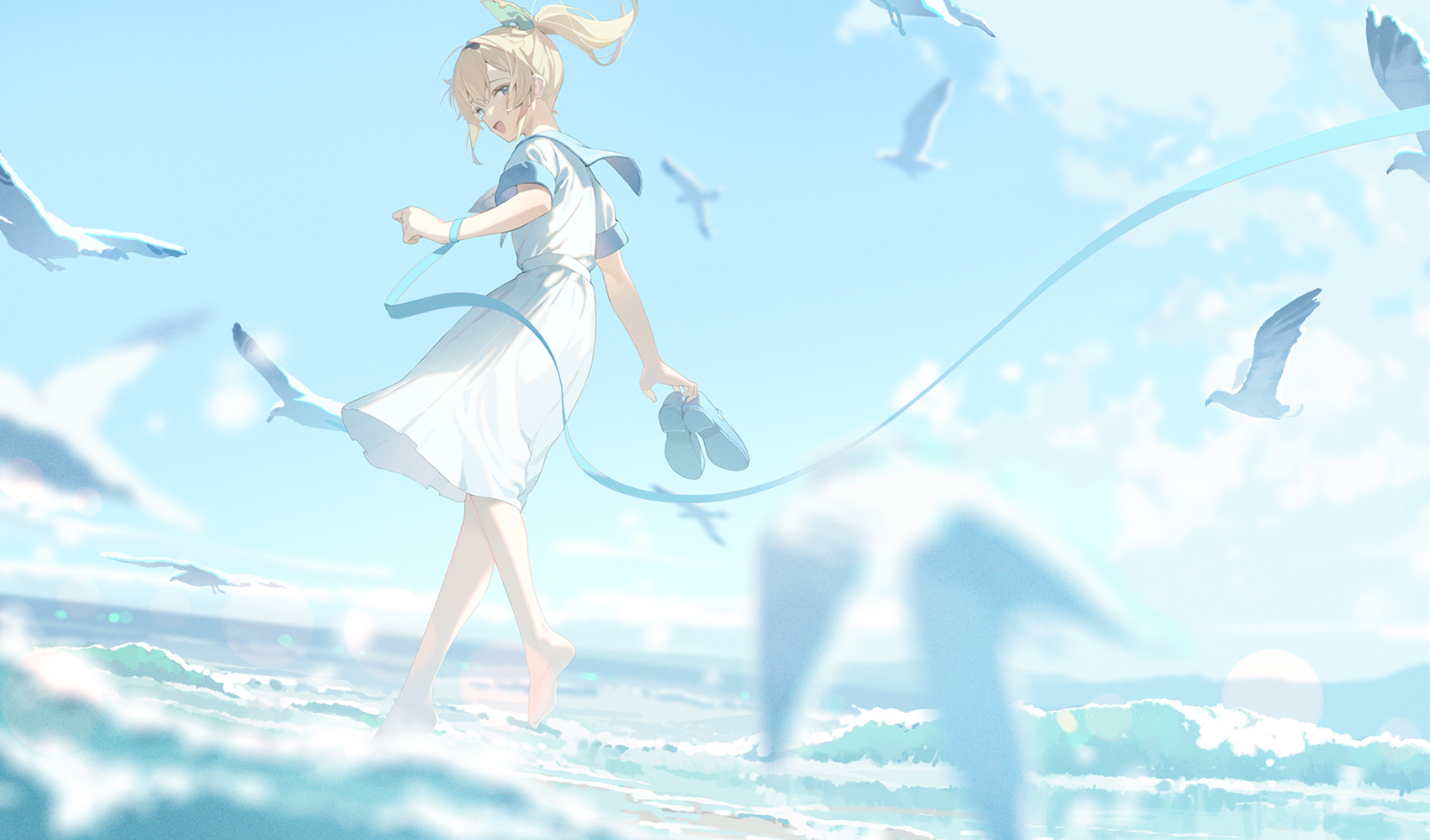 Anime 1700x1000 anime Hololive Kazama Iroha Hana Mori standing in water water looking back blue ribbons sky birds waves Virtual Youtuber animals shoe sole anime girls open mouth short hair sunlight pointed toes blonde blue eyes