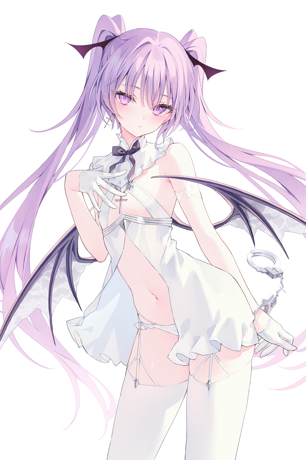 Anime 1196x1800 Rurudo anime anime girls portrait display simple background skinny white background wings purple hair purple eyes closed mouth gloves half gloves white gloves white thigh highs thighs thigh-highs standing blushing bare shoulders bright handcuffs demon girls succubus twintails looking at viewer slim body small boobs hand(s) on chest white