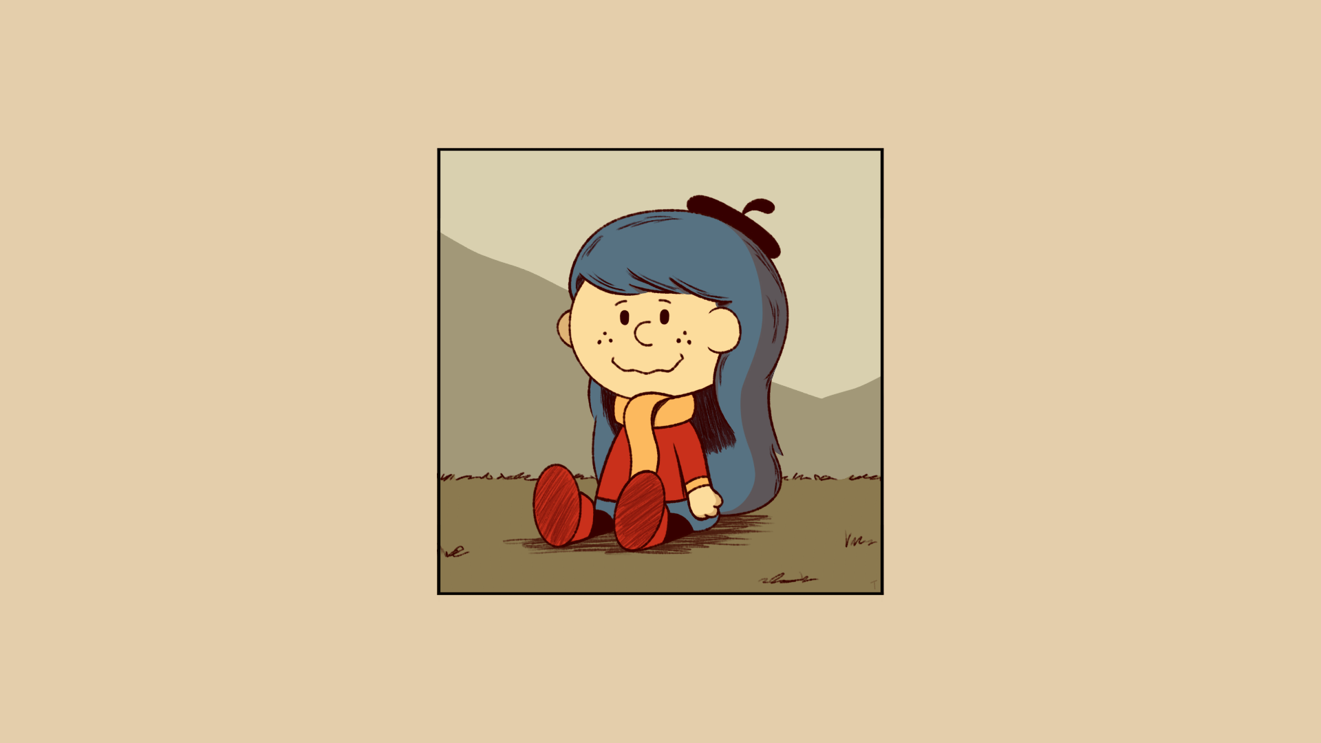 Anime 1920x1080 cartoon cartoon girls Hilda blue hair berets scarf shoes red shoes smiling sitting grass simple background comics doll Peanuts (comic) Charlie Brown crossover